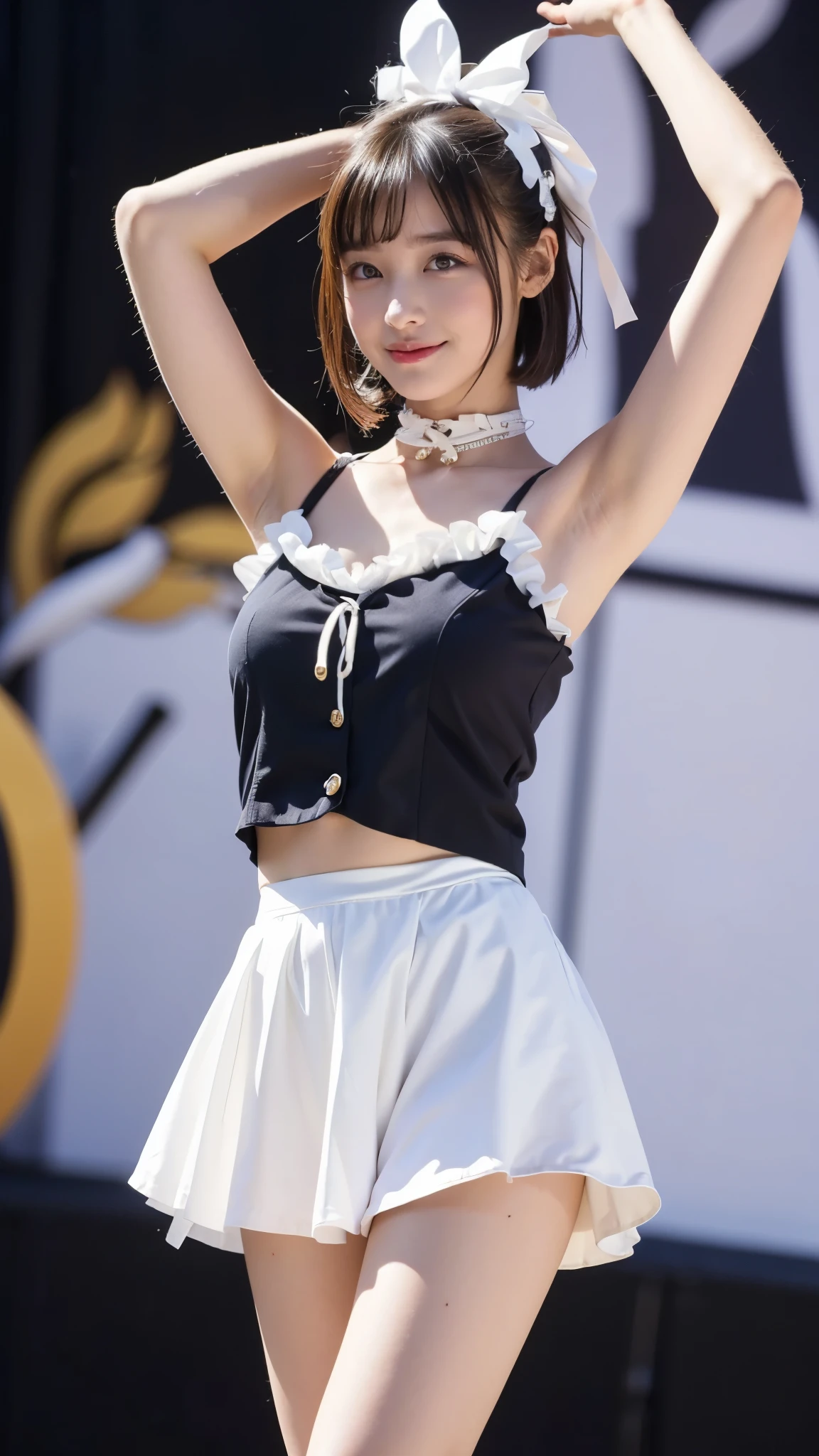 (( masterpiece)),((smile))、( very slim:1.7、very thin thighs :1.6, show me her armpits :1.3)、(( sexy idol、ultra-thin enamel costume:1.5, frill, race, flower, super miniskirt , Big Ribbons on the Head, Japanese Idol Stars , Armpits))、 long legs, girl :1.5、( droopy eyes :1.5), very short bob hair、 thin waist、 long legs、 big round eyes