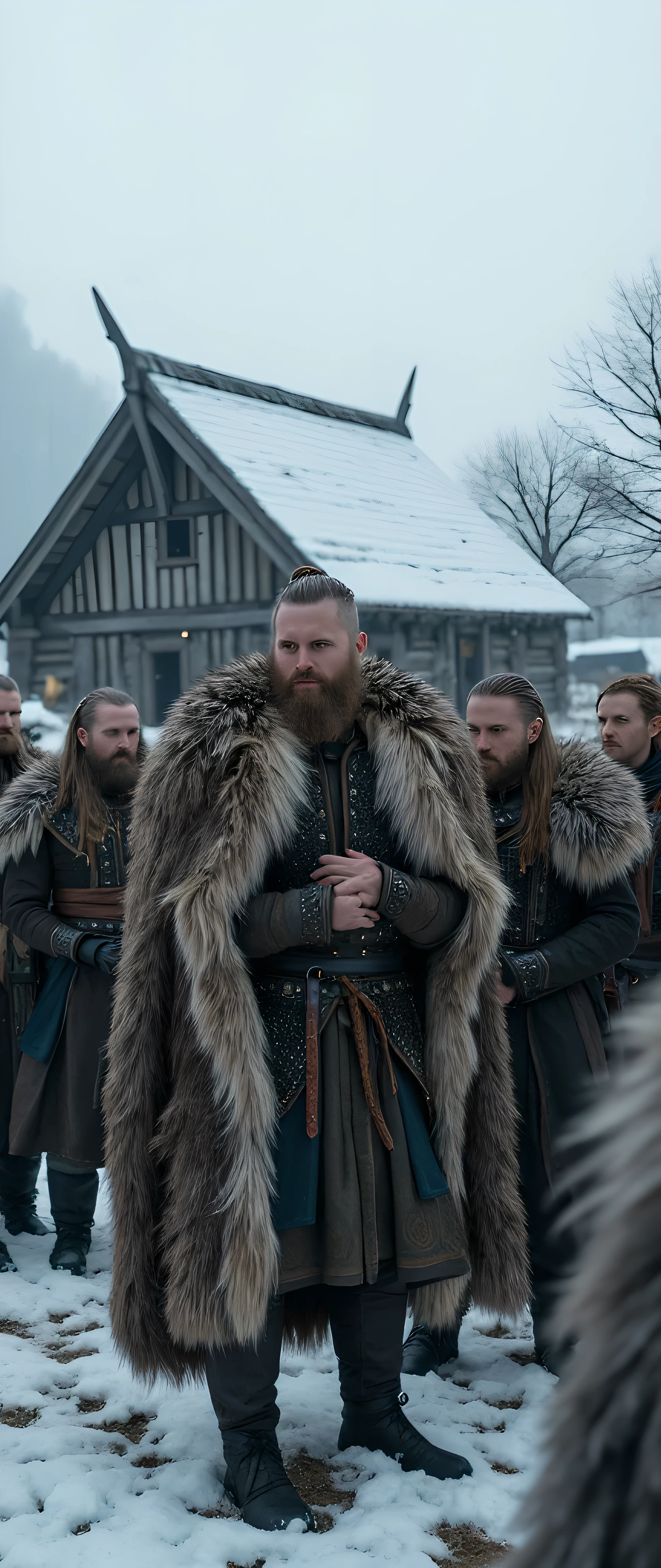 Depict a realistically detailed group of Vikings, full body, dressed in intricately designed fur coats, standing together with expressions of deep disappointment. The scene captures a snowy settlement, with an ancient Viking house in the background, showcasing the harsh yet beautiful environment. Employ a center wide-angle shot that highlights the snowy nature around them, with symmetrical elements for balance. Focus on realistic human anatomy and create lifelike features, emphasizing their shiny hair and expressive hands. Utilize mixed lighting to enhance the mood of disappointment as they stand in an open snowy field. The image should convey a strong sense of ambiance, filled with ultra-detailed textures, showcasing the rich cultural backdrop of the Vikings while maintaining a realistic depth of field. Aim for a visually stunning piece that merges fantasy and reality, reflecting the somber yet captivating essence of Viking life.
