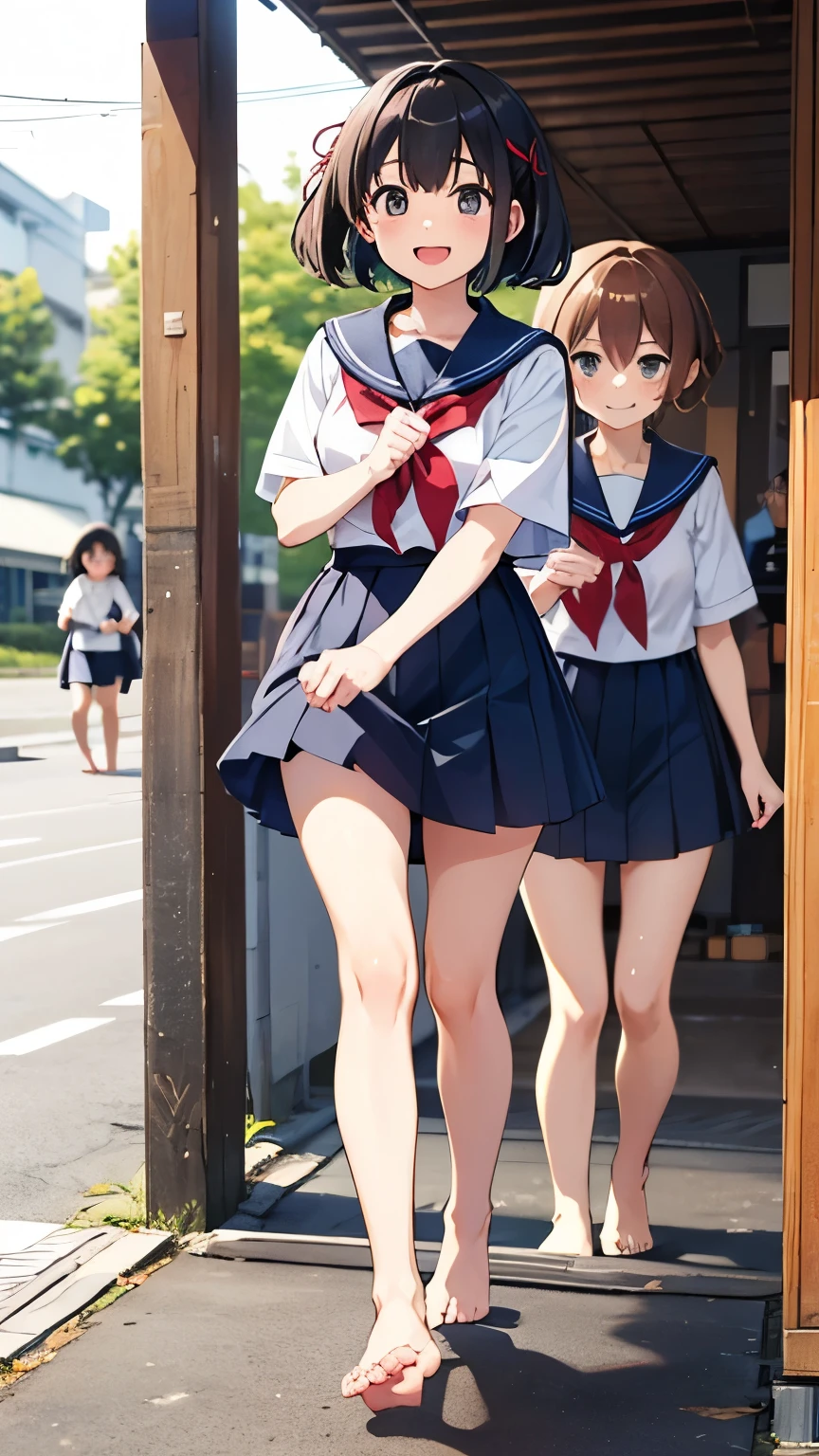 masterpiece, Highest quality, High resolution, Heterosexual, Brown Hair, short hair, Purple eyes, Mole under the eye, (((masterpiece, Highest quality, High resolution, 超High resolution, Perfect Pixel, Depth of written boundary, 4K, RTTX 10.0))), Beautiful Anime Woman, Beautiful art style, Anime characters, ((Smooth texture, Realistic texture, Anime CG Style)), Exact finger count、Exact number of legs、(Exact number of arms:1.0, Exact number of hands:1.0), (Perfect hands, Perfect Anatomy), Cinematic, Realistic, Extremely detailed CG, Daytime lighting, Perfect lighting, Best Shadow, The best natural light, whole body, Perfect body, (Slender body:1.2), ((bangs, Dark reddish brown hair, Bobcut)), (Detailed face, Beautiful Face, Cute Face), (An adult woman is walking while lifting her skirt with her hands.:1.4), (Fashionable white shirt, Sailor collar, Navy blue knee socks, loafers, Navy pleated mini skirt:1.3)、Angle from the front, ((Sexy and stylish blue underwear:1.3), (Stylish shiny blue satin panties, Side-tie blue panties, Blue panties with plain blue in the center and black lace on the sides:1.3), (Thin panties:1.3)), (Beautiful big boobs, The chest area of the shirt is tight:1.17), (Beautiful and thin thighs:1.3), Feeling embarrassed, (blush:1.2), (Very embarrassed look:1.5), A very patient expression, (City hustle and bustle, Buildings on the background, Sidewalk, Intersection in the background, Akihabara-like streetscape, Many people dressed in clothes in the background々:1.4), Nakaseko Kaori has, band uniform, No sleeve, White gloves, Pleated skirt, Knee Boots, Cowboy Shot, Are standing, smile, Outdoor