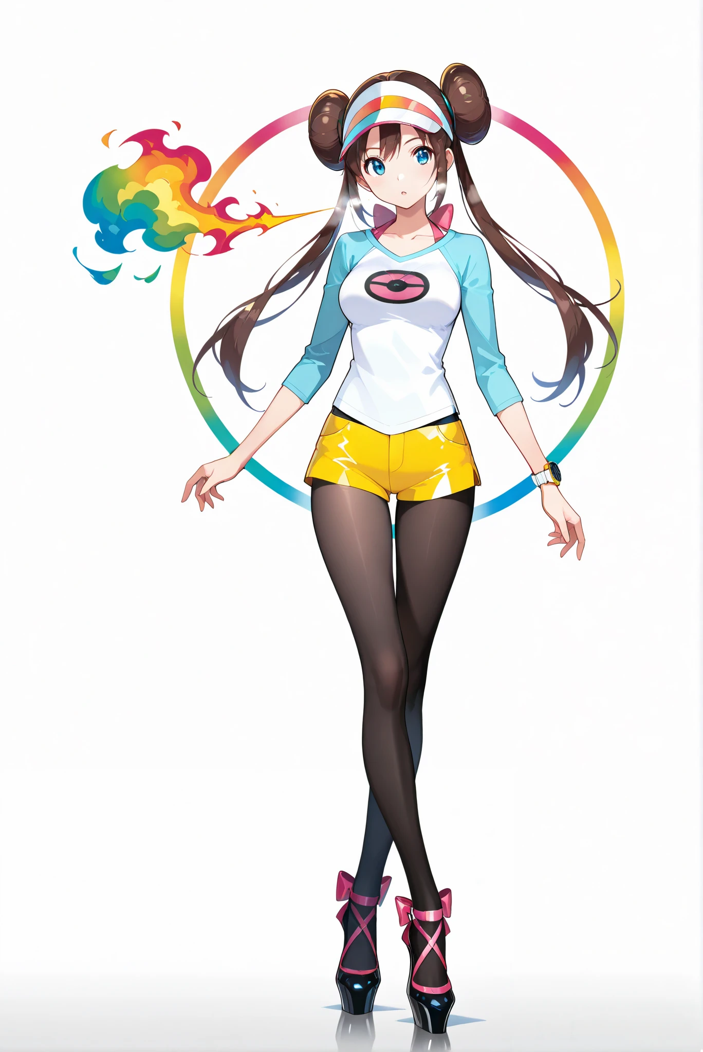 breath_weapon , { sptting_breath | charging_breath | full_breath } , breathing fire
,( white background, stands,whole body,heels, front view,Standing picture:1.7),HoleHeels,oval/Circle/Thorn/Horn Heels,,Hasty,Colorful, vivid colors ,black light ,watch, masterpiece, Very beautiful,aarosa, long hair, brown hair, double bun, twintails, visor cap , blue eyes, medium breasts, collarbone, pink bow, shirt, raglan sleeves, wristwatch , short shorts, yellow shorts, pantyhose under shorts, black pantyhose