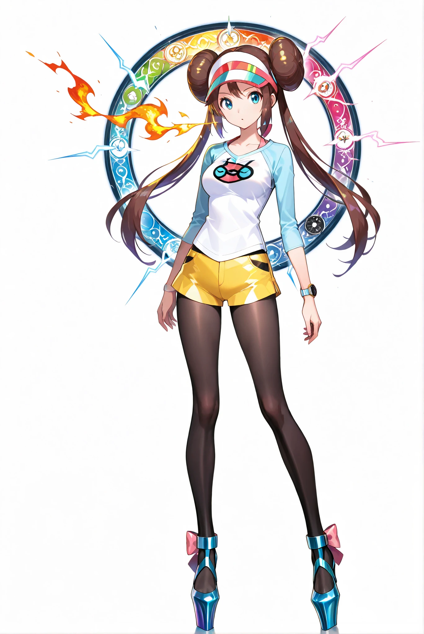 breath_weapon , { sptting_breath | charging_breath | full_breath } , breathing fire ,made of golden and blue and red and yellow and purple lightning thunder trails
( white background, stands,whole body,heels, front view,Standing picture:1.7),HoleHeels,oval/Circle/Thorn/Horn Heels,,Hasty,Colorful, vivid colors ,black light ,watch, masterpiece, Very beautiful,aarosa, long hair, brown hair, double bun, twintails, visor cap , blue eyes, medium breasts, collarbone, pink bow, shirt, raglan sleeves, wristwatch , short shorts, yellow shorts, pantyhose under shorts, black pantyhose