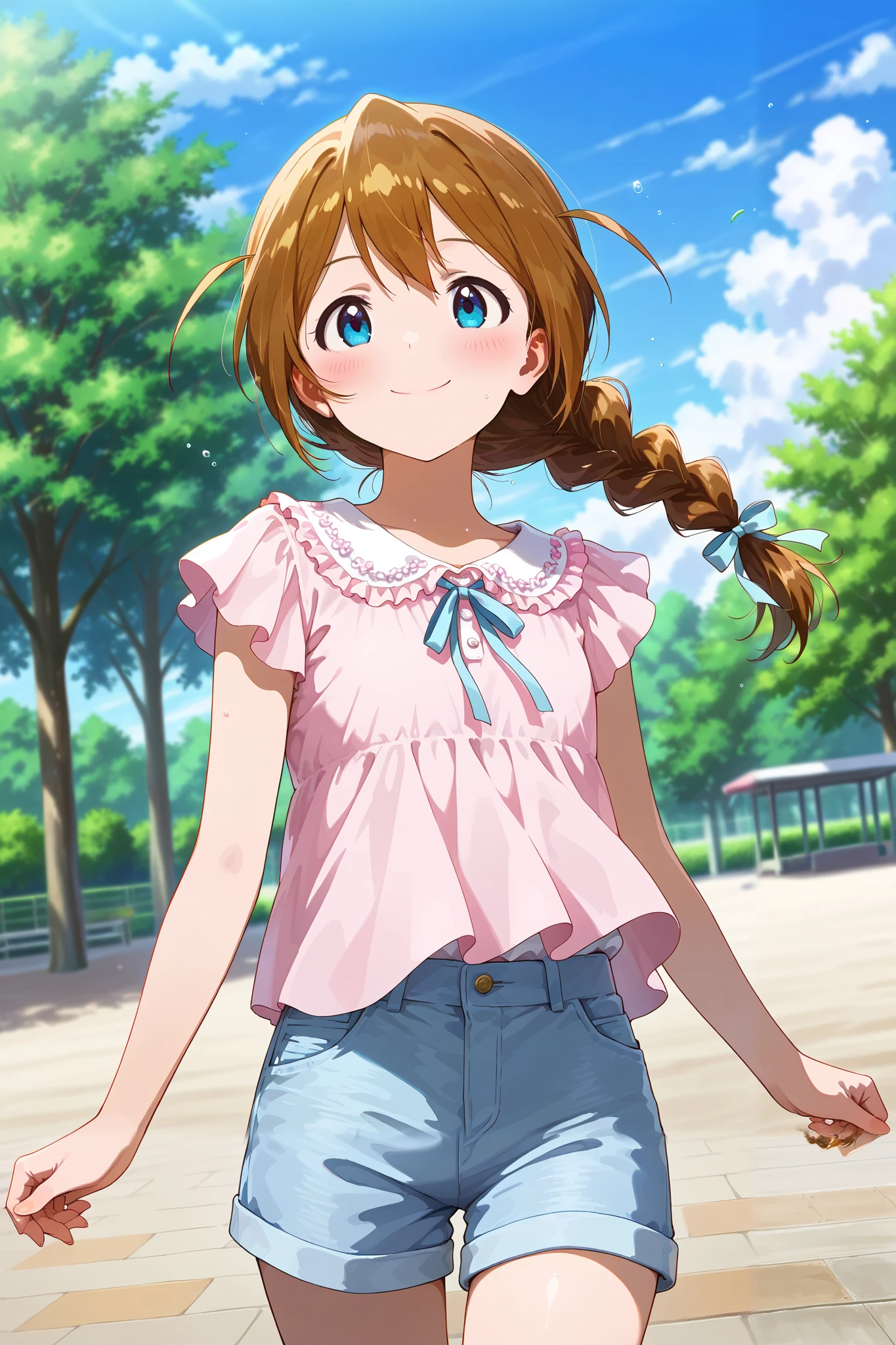 (masterpiece), (Highest quality), (Very detailed), (The best shape), (Best Shadow), (Absurd), (Detailed Background), (so beautiful), Shiny, Beautiful eyes in every detail, Extraordinary, Countershading, 8k, 32K, High resolution, Very Detailed CG ,
score_9, score_8_up, score_7_up, source_anime,
cinematic, dramatic, (blurry background:1.2), (realistic background:1.4), depth of field, dynamic angle, dynamic pose,
1girl, solo,
outdoors, nature park, wind, blue sky,
the idolm@ster million live!,
Baba Konomi,
brown hair, long hair, braid, light blue ribbon,
(casual wear:1.3), short pants, pink frills, untucked shirt,
(blush:1.2),
(No lip:1.4),
focus on face,
smile,
realistic skin,
Shiny, skin,
(masterpiece, detailed:1.2),