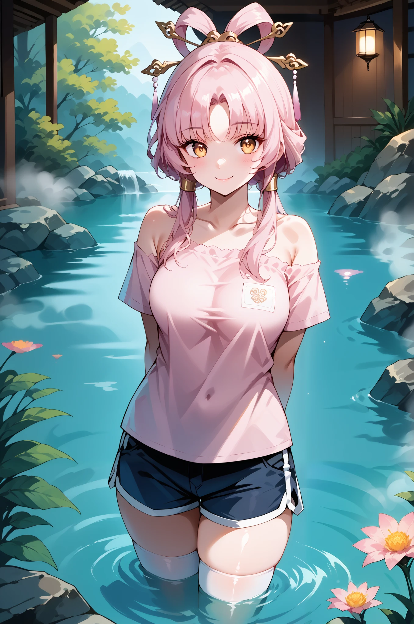 score_9, score_8_up, score_7_up, source_anime, 4K,perfect fingers,(perfect hands, perfect anatomy),prefect lighting, very aesthetic, intricate details,highly detailed background, masterpiece, high quality, best quality,
1girl,solo,fu xuan, pink hair, yellow eyes, bare shoulders, parted bangs, twin tails, bow-shaped hair, low twintails,Large Breast,
wearing ((pink shirt,shorts, thighhighs:1.2 )),
onsen, steam, (partially submerged:1.3), looking at viewer, smile,((hands behind back:1.5)), (perfect hands, perfect anatomy),