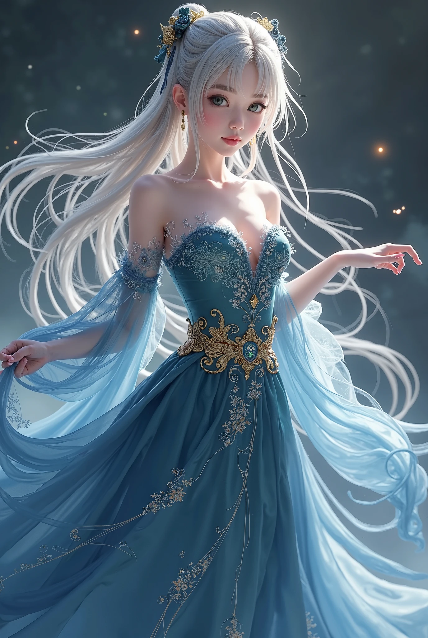 A highly detailed, semi-realistic 3D fantasy anime girl, inspired by Chinese xianxia and wuxia aesthetics, wearing an elegant, glowing dress with intricate embroidery a flowing, midnight-blue silk gown, translucent, mist-like sleeves, golden belt at her waist . Soft lighting, dynamic movement, and a mystical aura. The girl with silver-blonde hair and green eyes