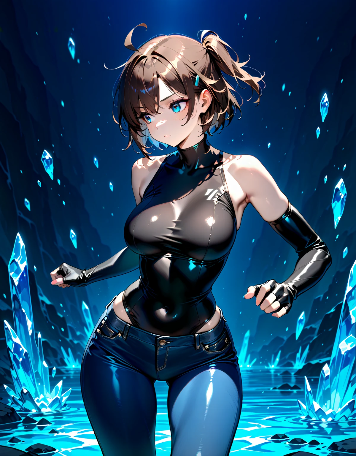 1girl,solo,(standard height),(cowboy shot),standing,(black hair:1.6),(short hair:1.2),(tiara:1.2),(blue eyes:1.2),(beautiful fingers:1.6),(perfect anatomy:1.4),(arms_behind_back:1.6),(cold_shoulder:1.2),BREAK,(blue police uniform:1.6),(leather lace glossy silk lamé:1.6),(blue pencil mini skirt:1.4),(latex luster shiny glossy metallic:1.6),(shiny_clothes:1.6),medium breasts,beautiful breasts,(masterpiece),best quality,(Ultra high definition eyes:1.2),8k,(Beautiful detailed eyes:1.2),(Fine and beautiful eyes:1.2),(pretty eyes:1.2),finely detail,extremely CG, absurdres,high resolution,illustration,Detailed and beautiful outlines,finely detail,high resolution,(colorful refraction:1.4,Increase saturation:1.2),beautiful lighting,dynamic lighting,closed room,black background,simple background, smile,looking at viewer,animemia,blue glove,(white Clear PVC sheets sleeves:1.6),(sheer sleeves:1.6),(see-through sleeves:1.6),(wide sleeves:1.4),(blue thigh boost:1.4)