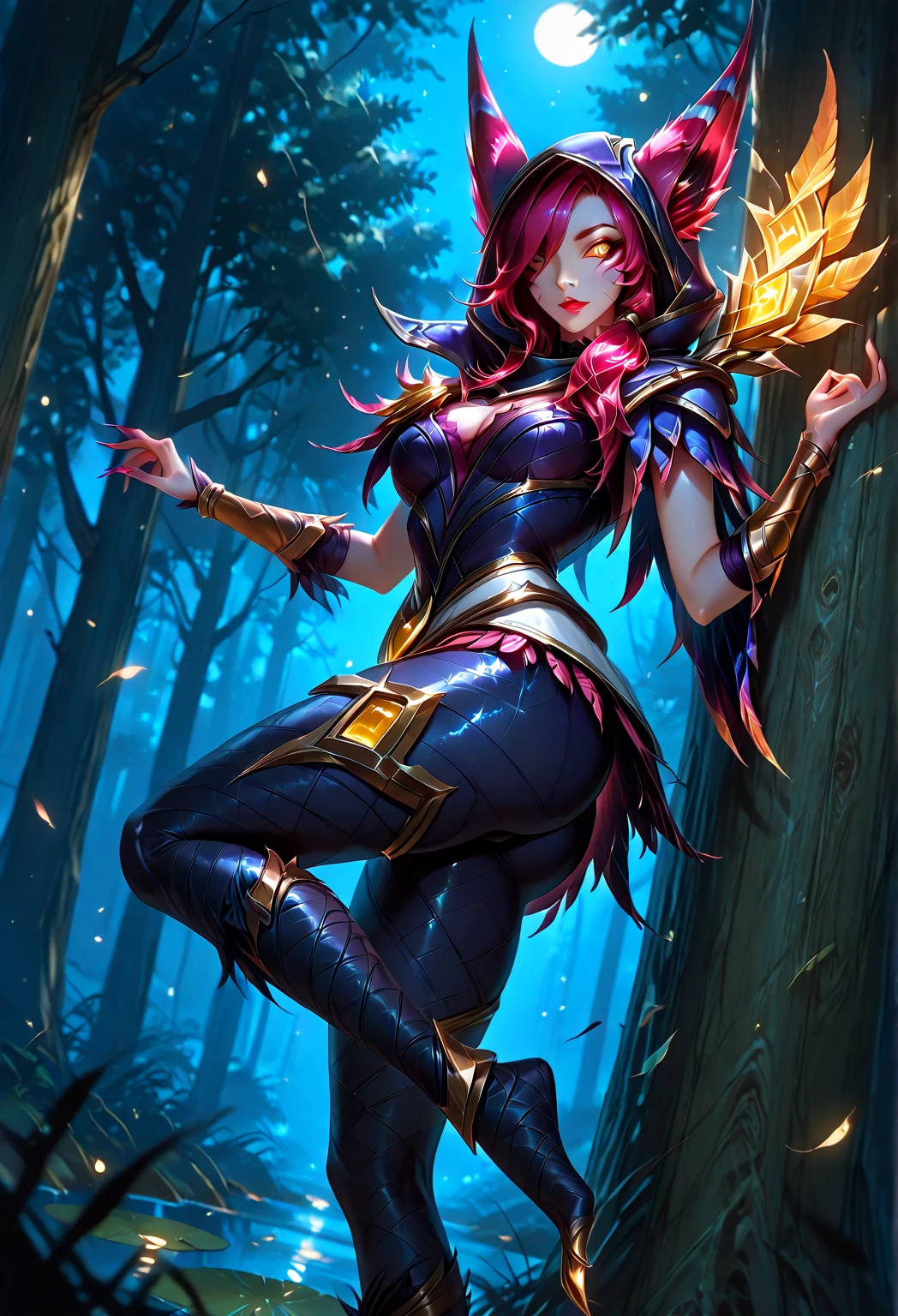 score_9, score_8_up , score_7_up , score_6_up , NSFW:1.4, ((A woman Xayah , (League of Legends)),((Alone)), source_anime, sharp_lascalae, ultra sharp focus, tools, more_details_x l , details:1.5,((Illustrations, Artgerm )),(Really, sense of reality:1.4),( lighting: Average, lententos, artgerm extremely detailed), (((Waist-deep pond))), (detailed eyes:1.2), (perfecteyes),( golden eyes:0,6), ((eyesHD)), ((high gradient eyes)), ((detailed eyes)), ((high definition eyes)), ( realistic details ), ( realistic photo), (Body Structure:1.2), ( perfect face), ( Oval face), ( highly detailed face ), ( Lemon breasts ), ( heart butt), ((thick thighs)), (( big ass)), (( cleavage)), ( harpy legs ), ( detailed background: 1.2), (illustration:1.4), ( masterpiece: 1.4), (master piece, best quality:1.4), (High definition), ((Fingers:1.4, better hands, hands with five fingers )), (( dress made of harpy feathers)), Harpy feathers ), (symmetrical body and face), (((( walking in the forest )))), (Incrível lighting), (3 Renderings), ((more details, to improve)), ((Opening: f/2.0)), ((depth of field: Average)), ((Angle of 3/4)), ((Spring: grande-angular de 24mm)), (modern and sophisticated custom interior design, UHD)
