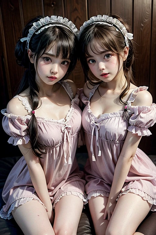 (2 beautiful girls), 8k, RAW photo, best quality, (masterpiece:1.2), ultra detailed, ultra high res, (realistic, photo realistic:1.37), absurdres:1.5, extremely detailed, 8k wallpaper, huge file size, extremely detailed beautiful girl, extremely detailed face, extremely detailed eyes, extremely detailed skin, extremely detailed fingers, extremely detailed nose, extremely detailed mouth, perfect hands, perfect fingers, perfect anatomy, highly detailed background, extremely detailed clothing, ( years ol.0), teenage, cute girl, famous japanese idol, kawaii, (medium breasts:1.0), realistic body, fair skin, slender body, good figure, ((Extra Long Hair:1.2)), looking at viewer, (bust shot:1.0), heart-shaped pupils, (((thin eyebrows))), (nose blush), (embarrassed:1.2), (no makeup), ((Two beautiful high school girls wearing lolita clothes are lying side by side on their backs on a bed:1.3))
