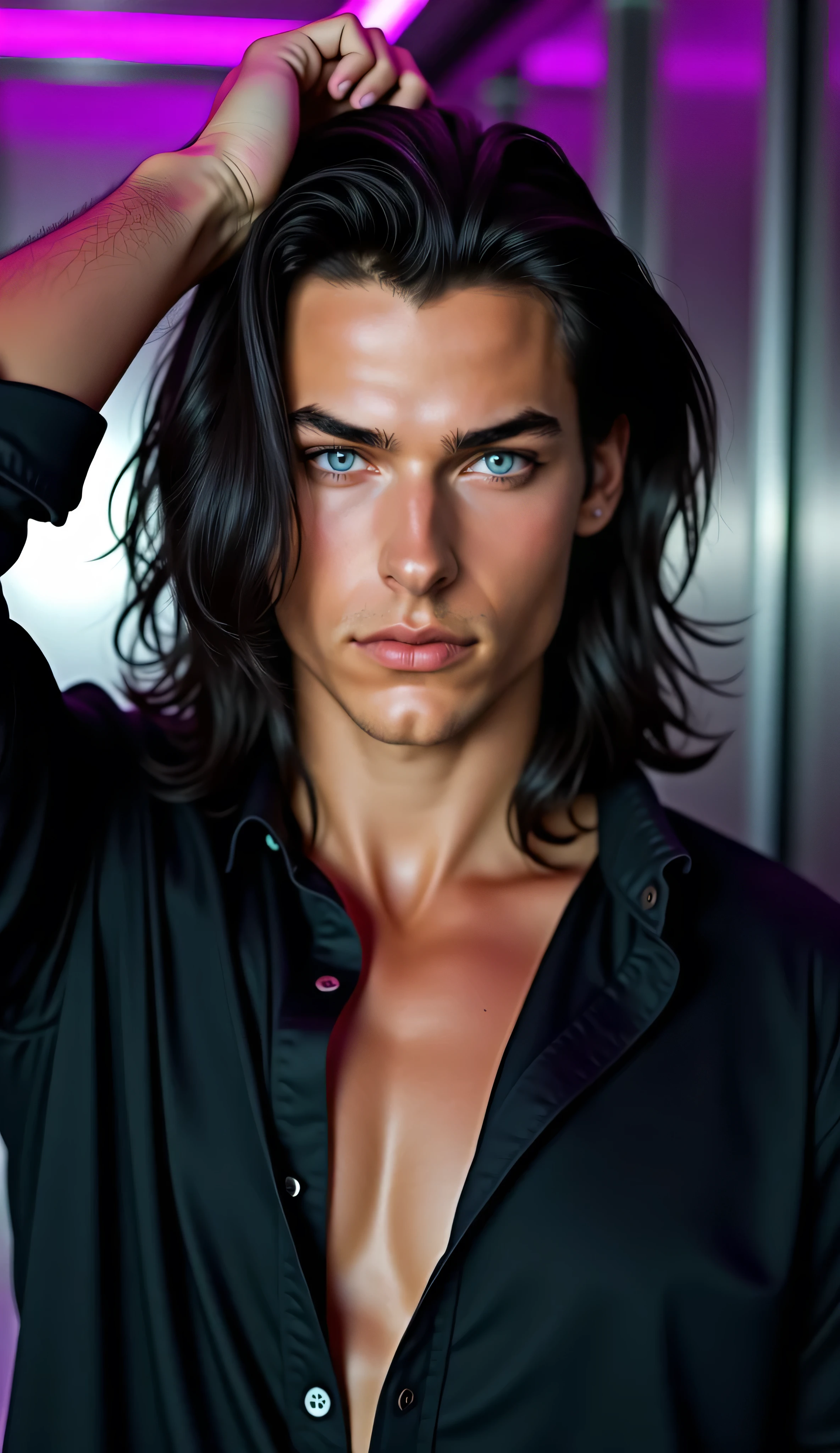 1boy, Aiden, 28 year old male portrait, vivid long black hair, blue eyes, shirtless, looking forward, goatee