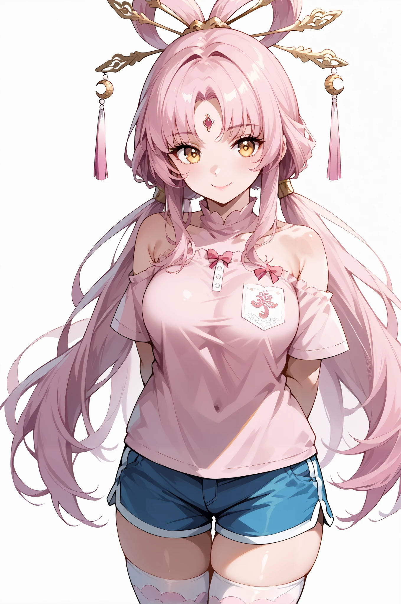 score_9, score_8_up, score_7_up, source_anime, 4K,perfect fingers,(perfect hands, perfect anatomy),prefect lighting, very aesthetic, intricate details,highly detailed background, masterpiece, high quality, best quality,
1girl,solo,fu xuan, pink hair, yellow eyes, bare shoulders, parted bangs, twin tails, bow-shaped hair, low twintails,Large Breast,
wearing ((pink shirt,shorts, thighhighs:1.2 )),
((White plain background:1.5)) , looking at viewer, smile,((hands behind back:1.5)), (perfect hands, perfect anatomy),cowboy shot, filed,