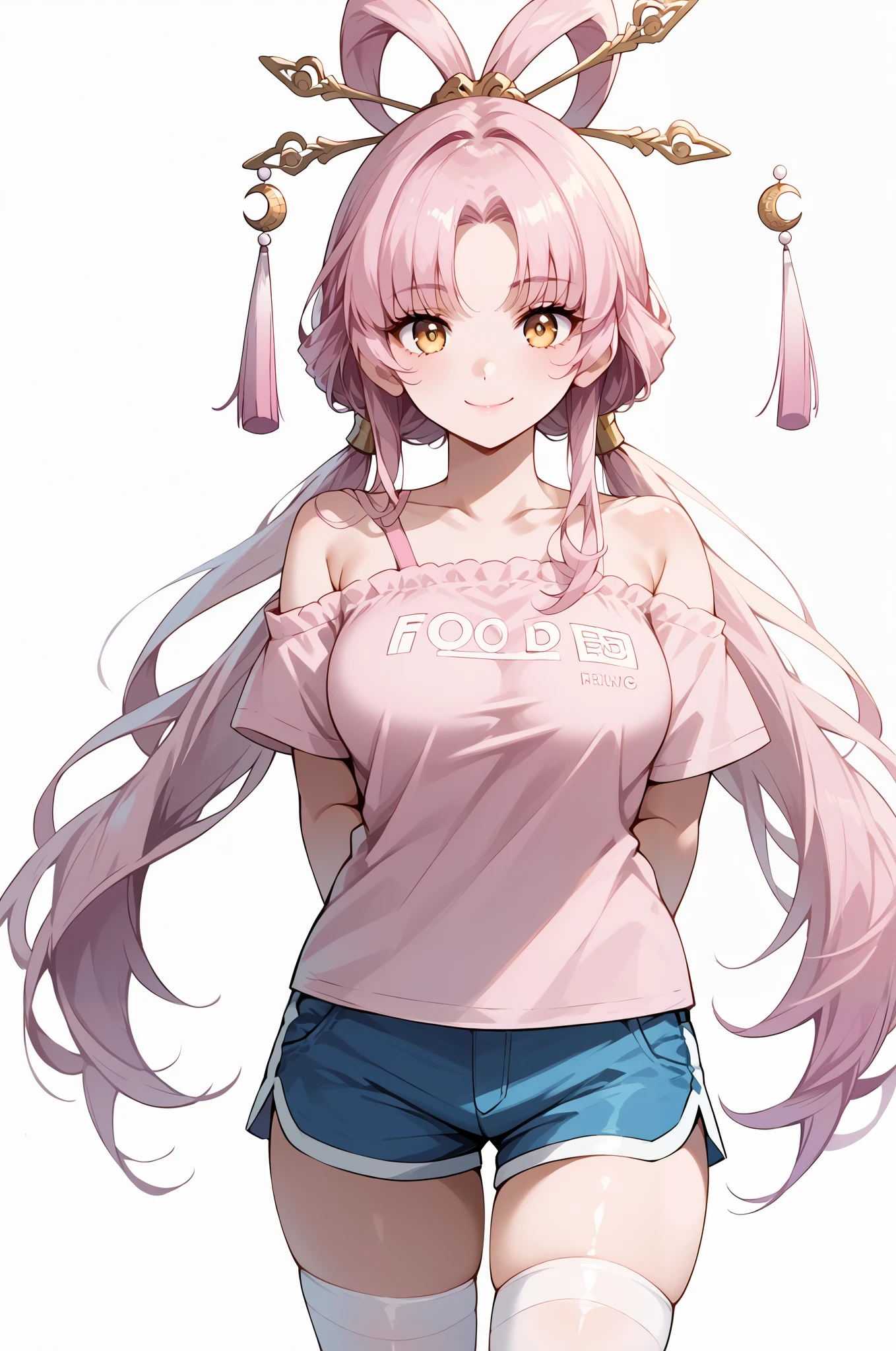 score_9, score_8_up, score_7_up, source_anime, 4K,perfect fingers,(perfect hands, perfect anatomy),prefect lighting, very aesthetic, intricate details,highly detailed background, masterpiece, high quality, best quality,
1girl,solo,fu xuan, pink hair, yellow eyes, bare shoulders, parted bangs, twin tails, bow-shaped hair, low twintails,Large Breast,
wearing ((pink shirt,shorts, thighhighs:1.2 )),
((White plain background:1.5)) , looking at viewer, smile,((hands behind back:1.5)), (perfect hands, perfect anatomy),cowboy shot, filed,
