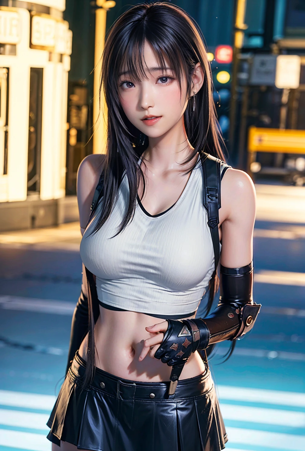 (8k、highest quality、A masterpie:1.2)、(Realistic、photorealistic:1.3 Person 7)、Super Detailed、Girl 1 Mature Mature Woman Mature Woman Person、cutest、solo、、、、、、(tifa lockheart)、(big chest)、(((Huge boobs)))、(((Shift clothes to show bra)))、(((a black bra)))、(beautiful eye)、(smiling smile:1.2)、(Closed)、erotic pose、dance、neons、street scenery、and depth of field、Dark and strong shadows、Sharp focus、auto、motion blur、bike、and depth of field、composition、Glowing green light、Final Fantasy VII、tool、(nose blush)、Single Elbow Pad、Ankle Boots、dark black hair、black thigh、red boots、Elbow Gloves、Elbow pads、Fingerless Gloves、Taut Shirt、sports bra、(suspenders,,,,,)Black Skirt)、thights、white tank top、All over body、head rest、s lips、Facial、Low Tai Long Hair、(red_Ojo))、Yellow flowers、(night:1.3)、Complex、Bokeh、Cinematic Lighting、Photon mapping、Radiosity、physically based rendering、(Tetsuya Nomura Style)、NSFW、Perfect Breast