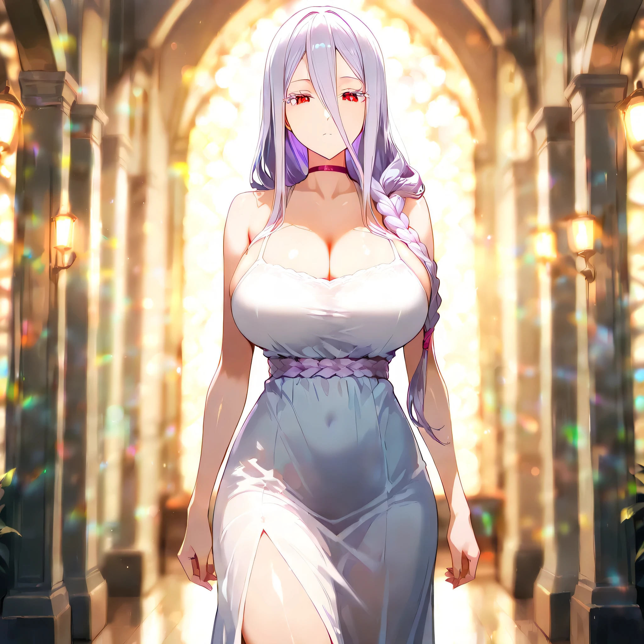 Anime - style image of a woman in a white dress walking down a hallway ...