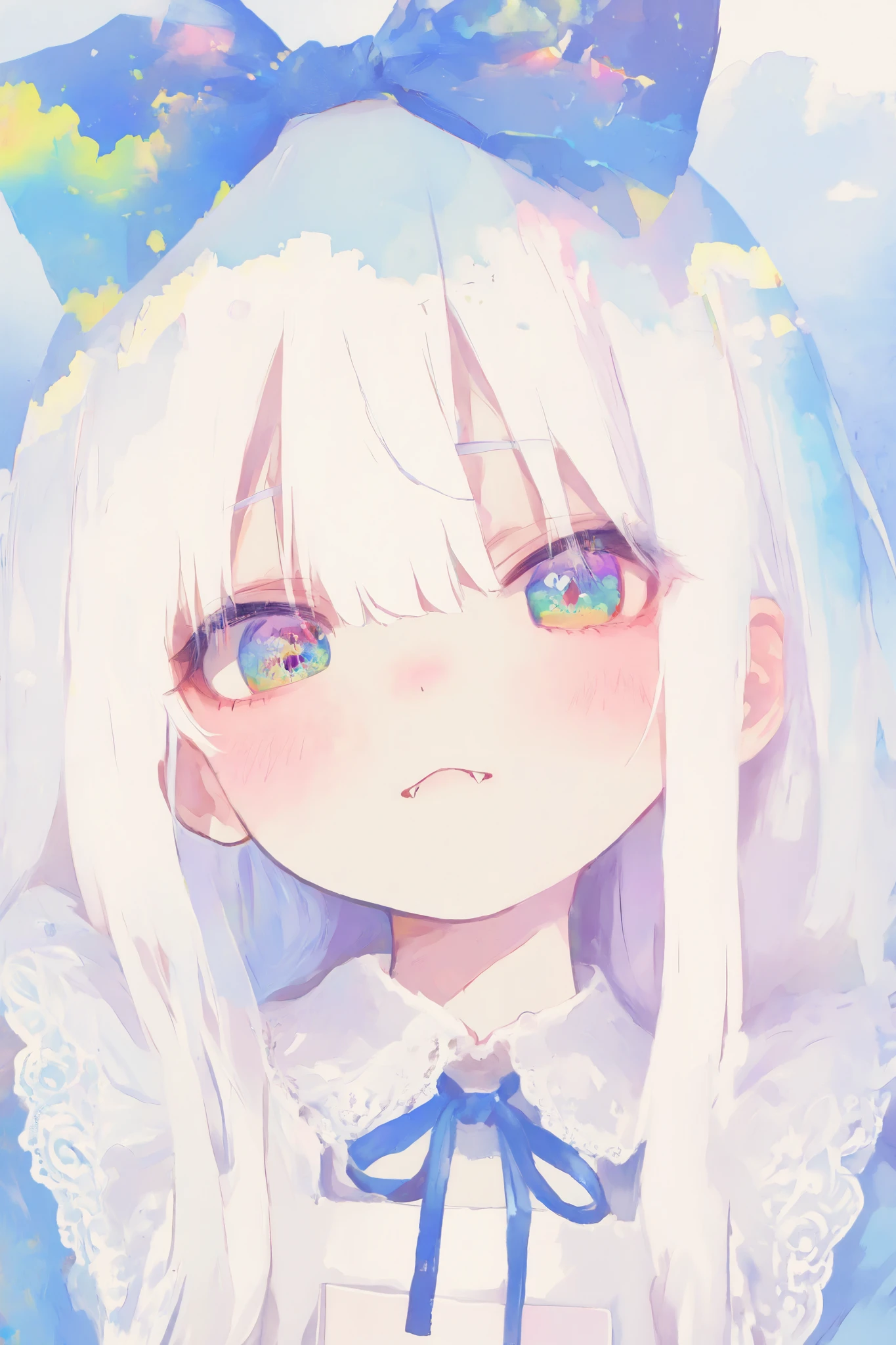 Chibi: 1.2, cute: 1.2, cute eyes: 1.2, gentle: 1.2. Happy, Fangs, ((Masterpiece, Detailed: 1.2)) (Highest Quality), (Masterpiece: 1.2), (Colorful: 0.9), (Color Scattering), (Watercolor), Sharp Focus, High Resolution, (Anime Style: 1.1), ((Highest Quality)), (Super Detailed), (Beautiful), Alone, Wearing a White-Blue Lace Dress, Light Blue Eyes, White Hair, Big Bow on Back, Cute, Blue Ribbon on Head, Masterpiece, Best image quality, highest quality, Alice in Wonderland のコスチューム, colorful long いブロンドのhair, colorful eyes, (close-up face: 1.2), looking from top to bottom, (li: 1.4)