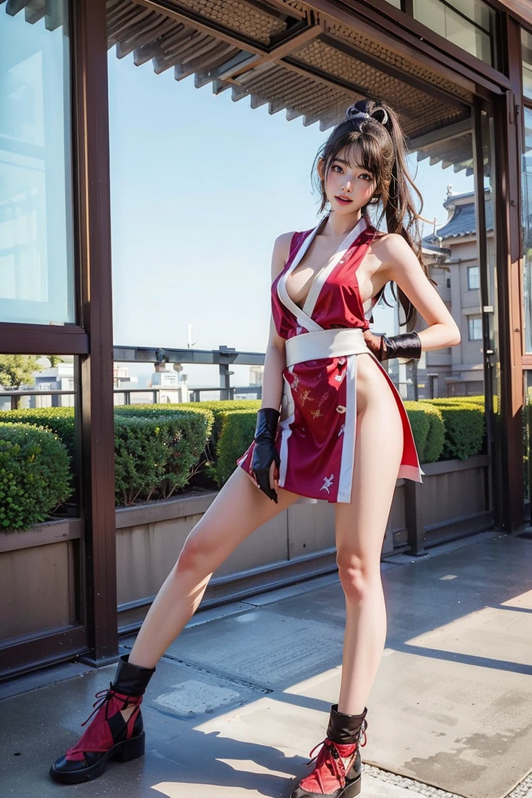 Mai shiranui, (best quality,ultra-detailed),(Realistic:1.37), beautiful and detailed face, Ultra-realistic texture, delicate face, delicate body, red lipstick, vivid colors. High definition, 8K. athletic body