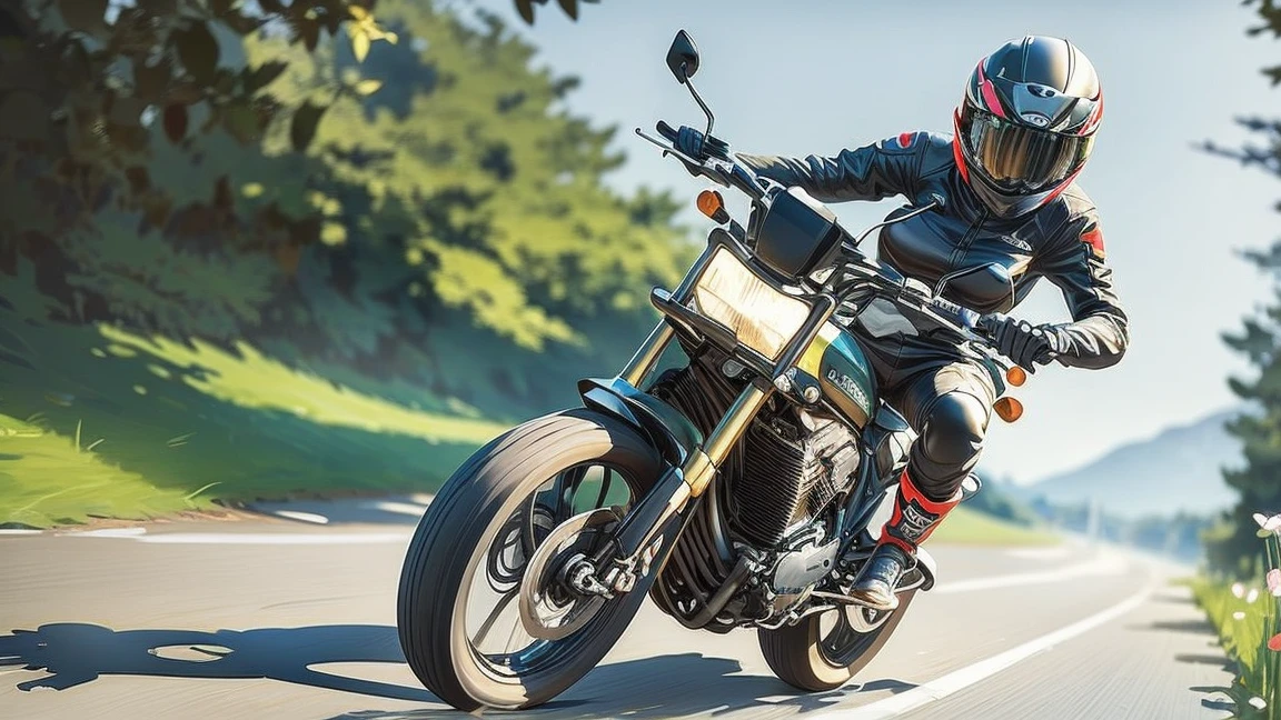 Depicts a zebra riding a motorcycle, radiating confidence and joy. Capture the essence of the characters' adventurous spirit as they explore a vibrant and dynamic world -- ar 3:2 --auto --s2