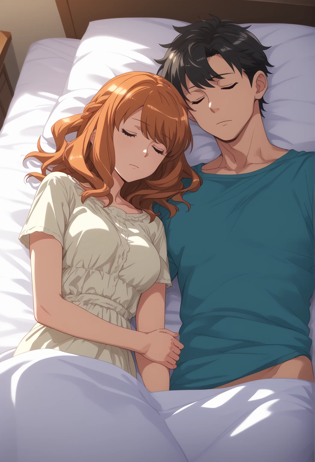 (Masterpiece, Best Quality, High Quality), professional artwork, well drawn, Intricate Details,(((a fat boy and a girl sleeping on bed))),Kousaka honoka, room, earring, t-shirt, midriff peek, denim pants, curvy hip, blue eyes,happy, sleeping ,1boy