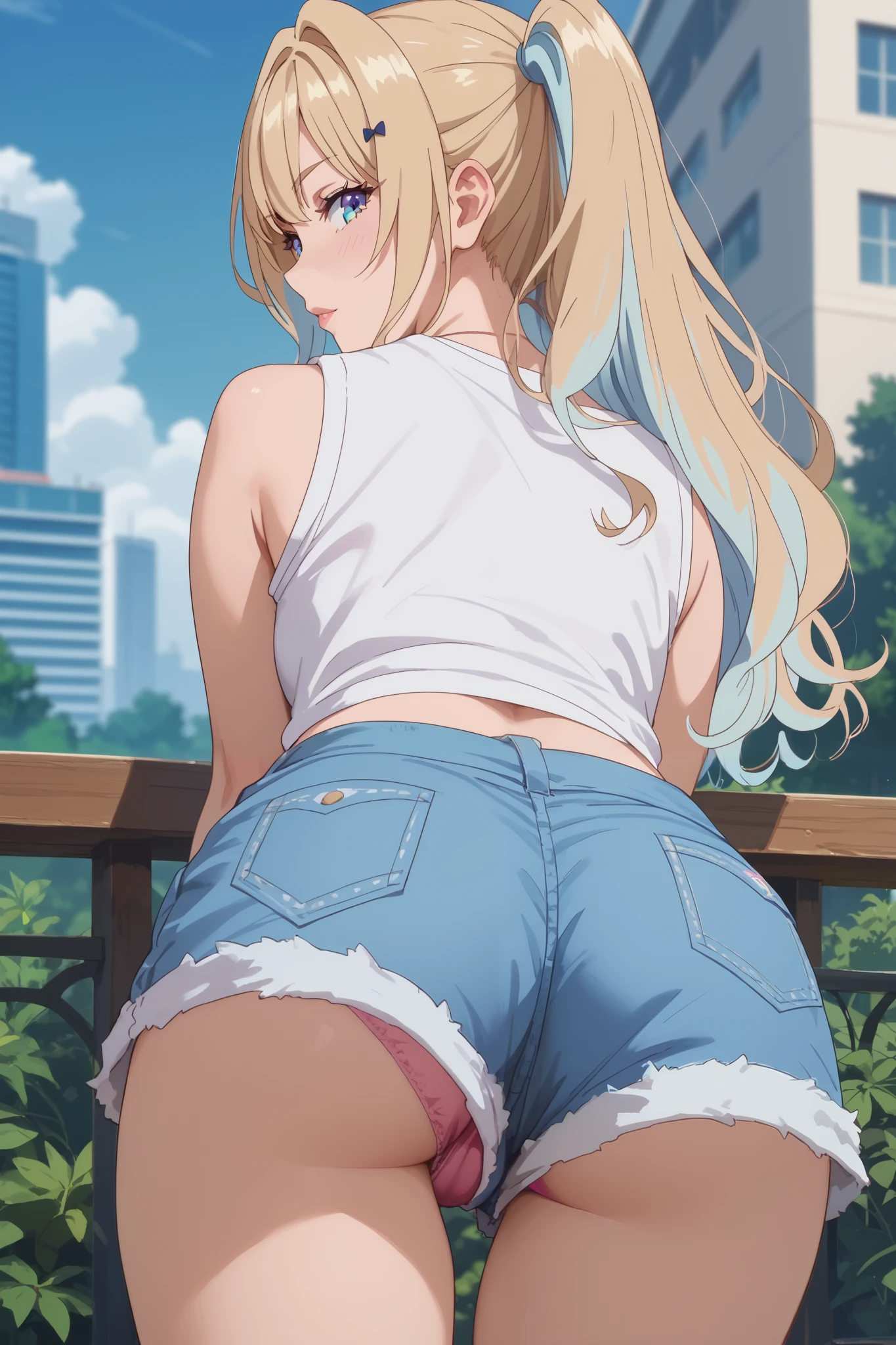    masterpiece ,   best quality, 1,luna shirakawa, upshorts, Look at the pink panties , with the back ,Very loose shorts showing some of the panties, shorts , looking at the viewer,Blonde hair with light blue highlights