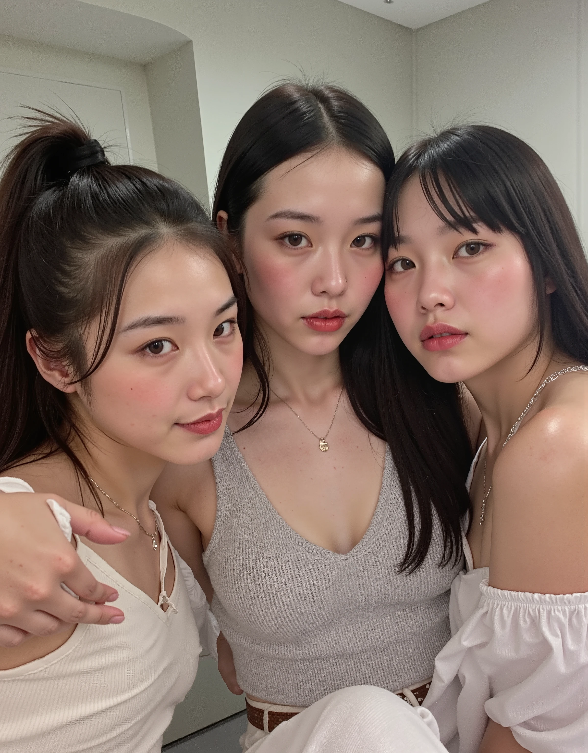 that, 3 garotaS, 3 irmãS, Selfie, S, Korean, Idol, thin , olhoS puxadoS, olhoS grandeS, franja Separada do lado direito , youthful appearance , light black hair , detalheS eyeS, student , ÍriS, Sorrindo, SorriSo, roSto arredondado, youthful appearance , Sentada na beira da , nudeS , eStética vintage ,roSto fofo, lábioS carnudoS, cabeloS longoS, volumoSo hair, luz media , luz Environment, agenda :night , reflexoS no Environment, Environment focado, looking for , Environment:Room, , Ser, ObjetoS, , olhoS reviradoS, poSSuida, with text: "nokeS369 "