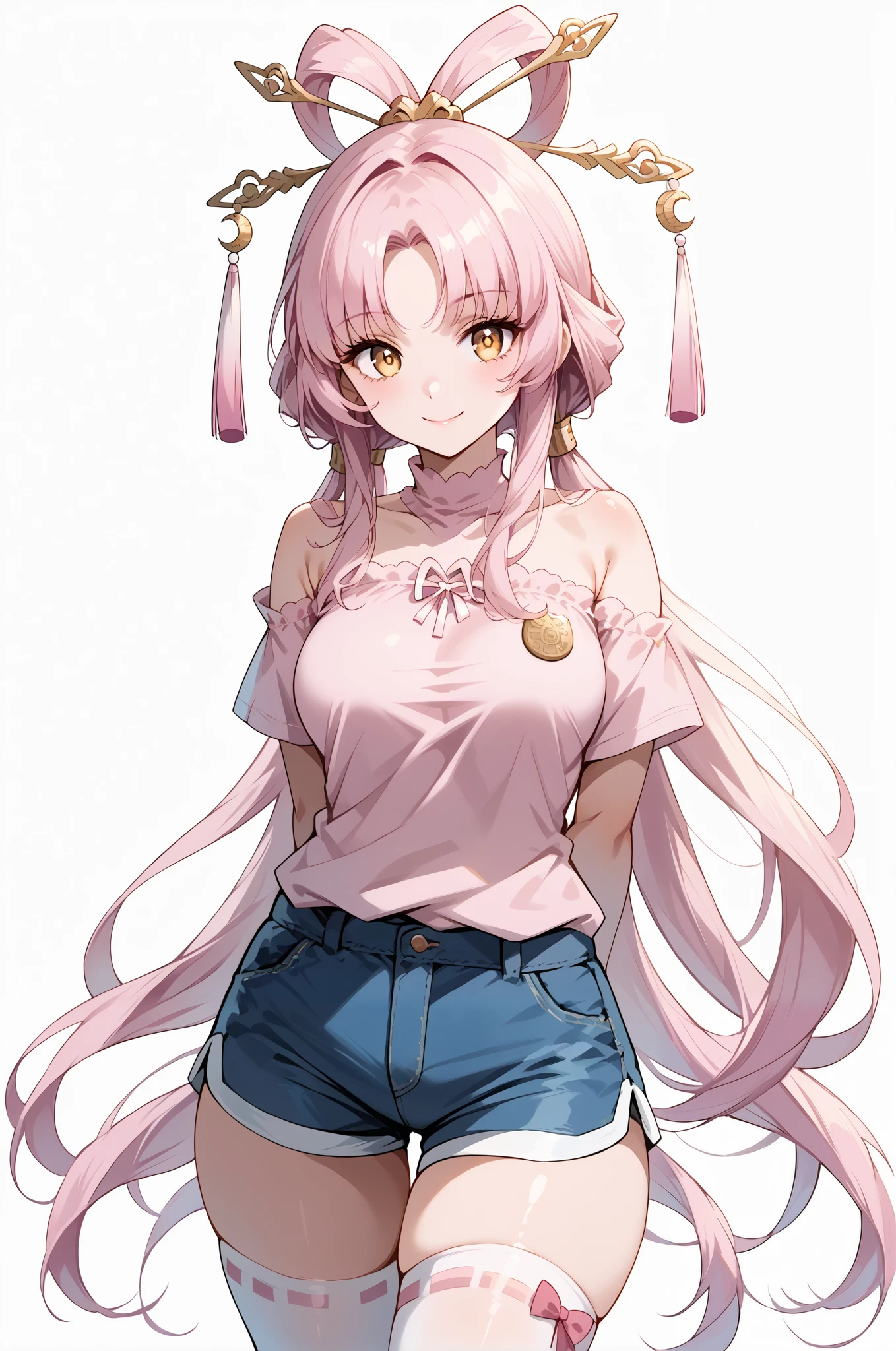 score_9, score_8_up, score_7_up, source_anime, 4K,perfect fingers,(perfect hands, perfect anatomy),prefect lighting, very aesthetic, intricate details,highly detailed background, masterpiece, high quality, best quality,
1girl,solo,fu xuan, pink hair, yellow eyes, bare shoulders, parted bangs, twin tails, bow-shaped hair, low twintails,Large Breast,
wearing ((pink shirt,shorts, thighhighs:1.2 )),
((White plain background:1.5)) , looking at viewer, smile,((hands behind back:1.5)), (perfect hands, perfect anatomy),cowboy shot, filed, high thigh individual , fullbody,Stand up,((front look:1.5)),
