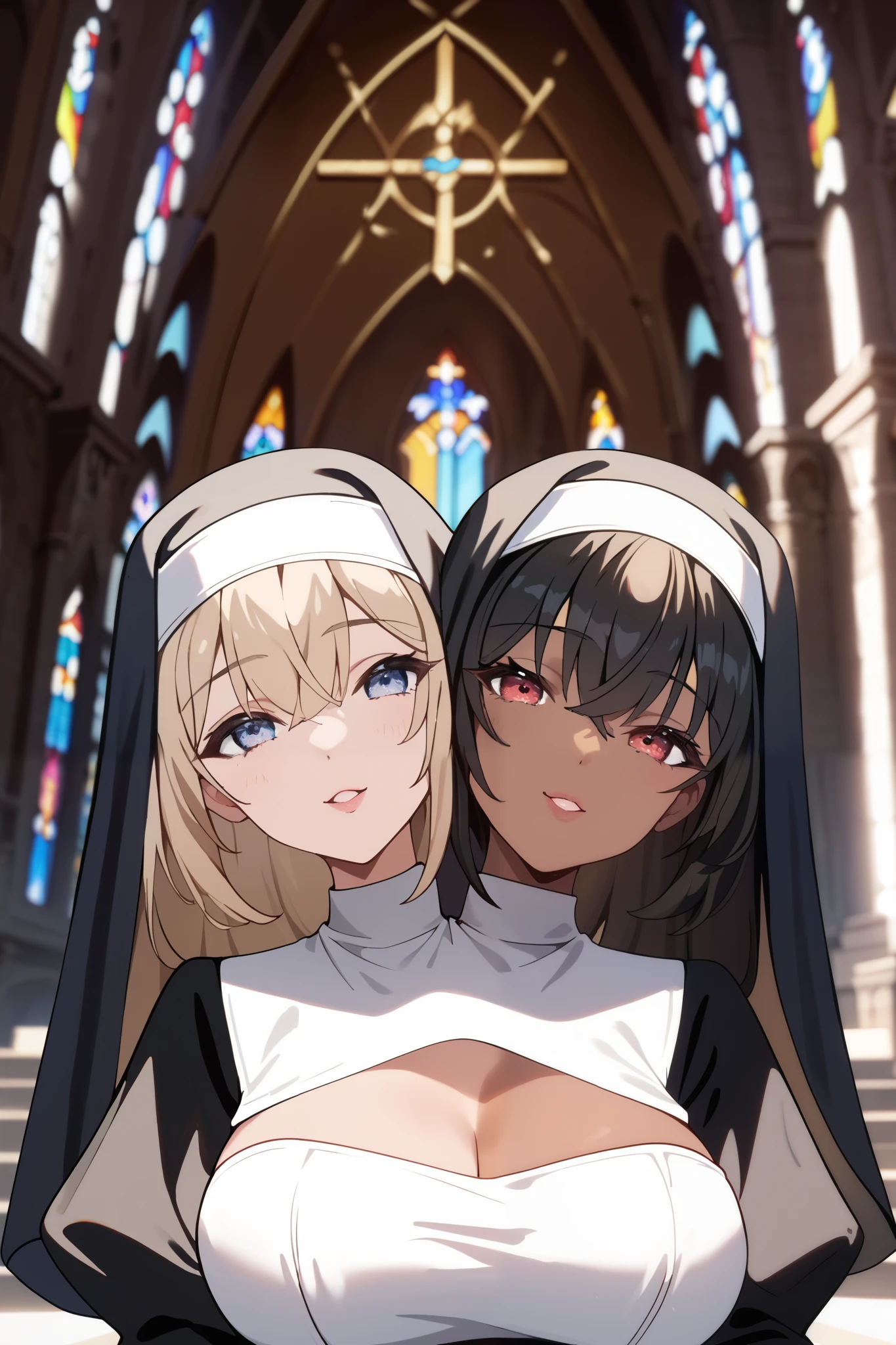 2heads, twoheads, a tall thin woman with 2 heads, blonde hair, black hair, blue eyes, red eyes, half dark skin and light beige skin, two tone skin, light beige skin, dark skin, nun, front shots, church, upper body