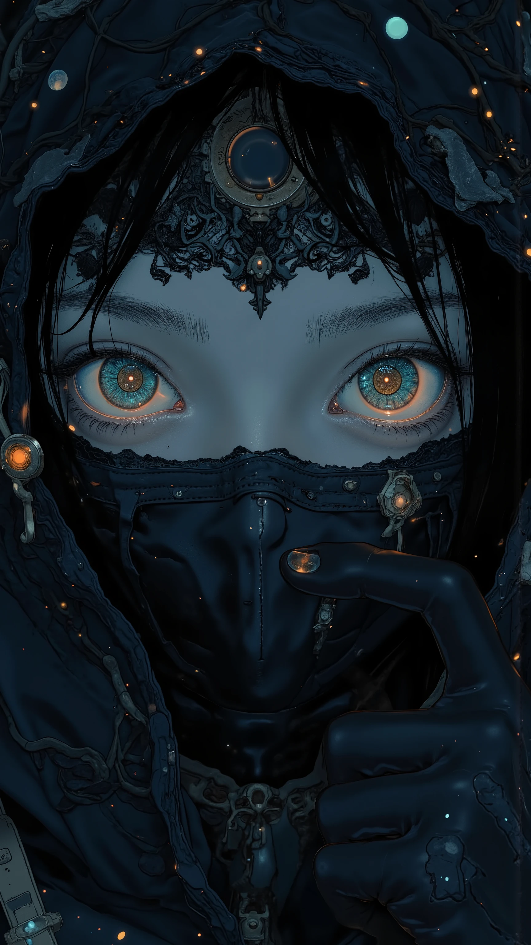 illustration、I can only see the girl's eyes in the dark、Dark Skin、Complete darkness、Skin without exposure to light、 dark background、Dark Space、Beautiful eyeballs、Colorful Iris、( buried in black roses)、Suspicious and mysterious eyes with magical powers、Glimmering Eyes 、 deep lace hood、Tons of rose petals 、the girl with black gloves has hands that hide her face、 gorgeous dress 、Precision Racing、 particle、sparks、aura、 close-up、black-themed art、 film noise 、bokeh effecr、 Midnight、Dark Photos、Black Photo、(( afterimage、overlay、 Shade))、cinematic lighting, low contrast