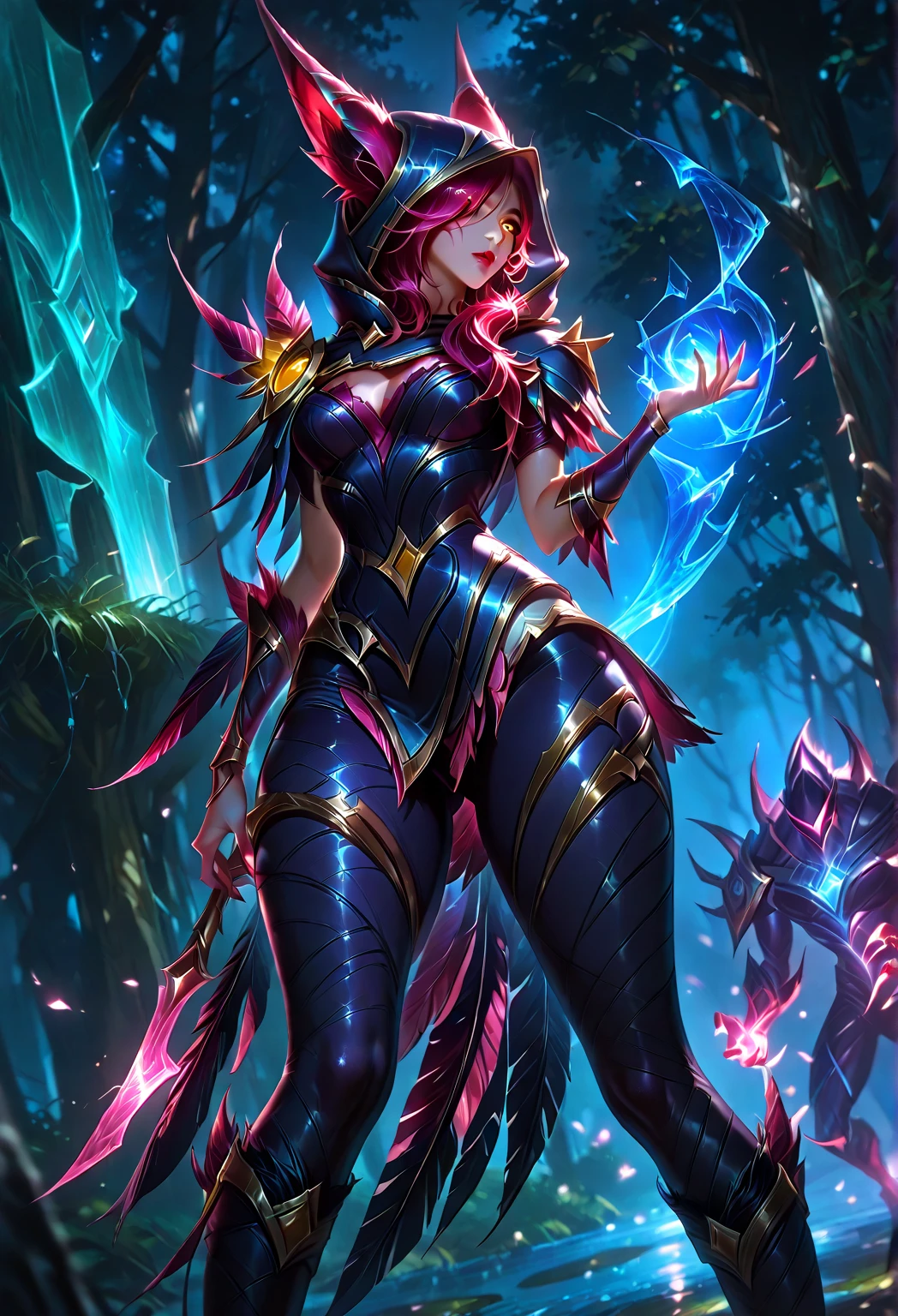 The upper part of the body,1girl,redheadwear,horse tailed,Green eyes,(warrioress),Wear purple headphones,short sword,middlebreast,围巾,Wallpapers,Magic array background,light particules,Green fire,