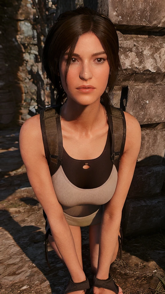 1 girl, lara croft, shorts curto marron, top verde, ponytail hair, at a forest, super detaill, high resolution, 8k, Overview