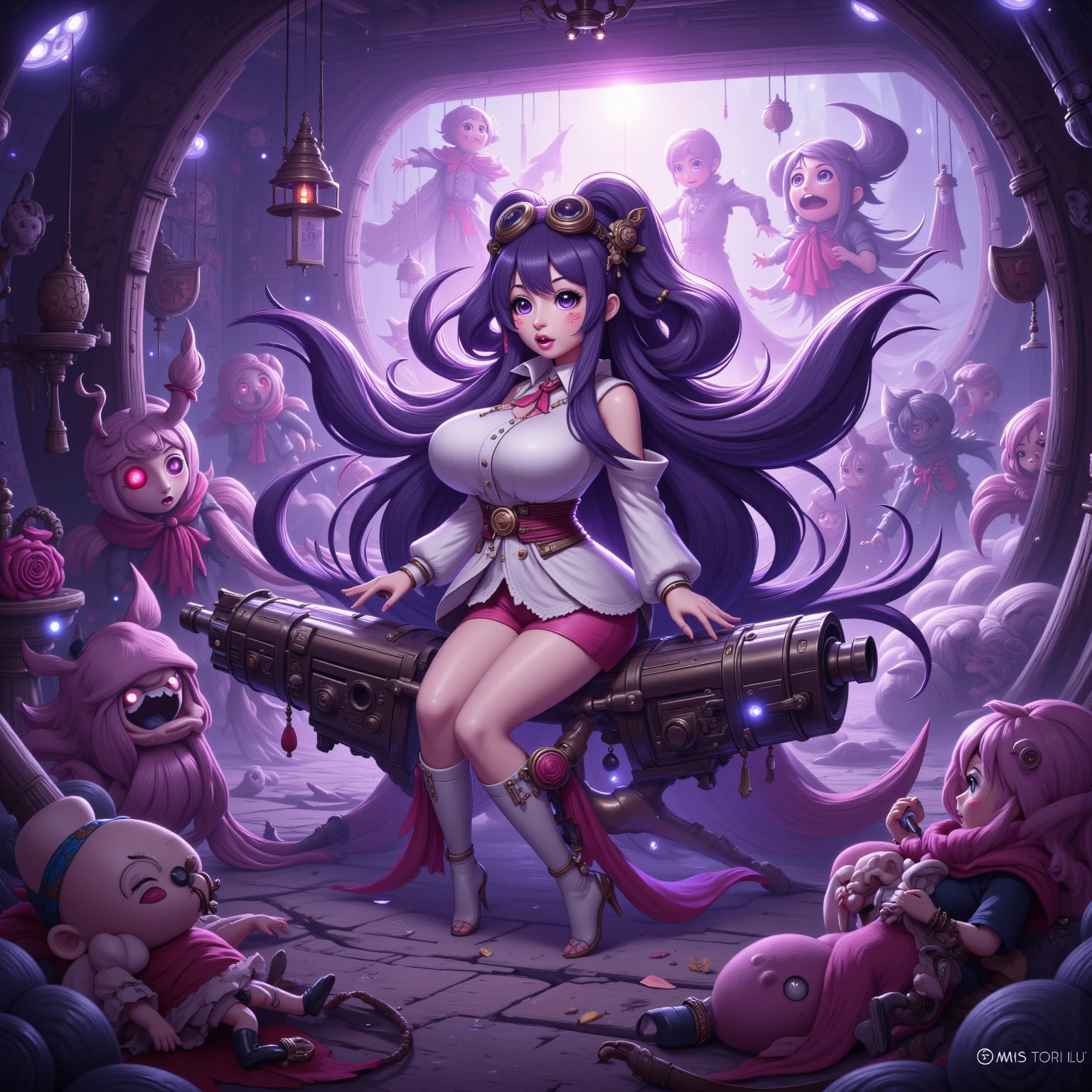arvore estilo rayman legends, character estilo art rayman legends, girl and boy, corpo inteiro, ESTILO VIKING, acessórios gigantes,giant monster, big breats,Little bunny, (shorts),big breast, , sensuality, red dress