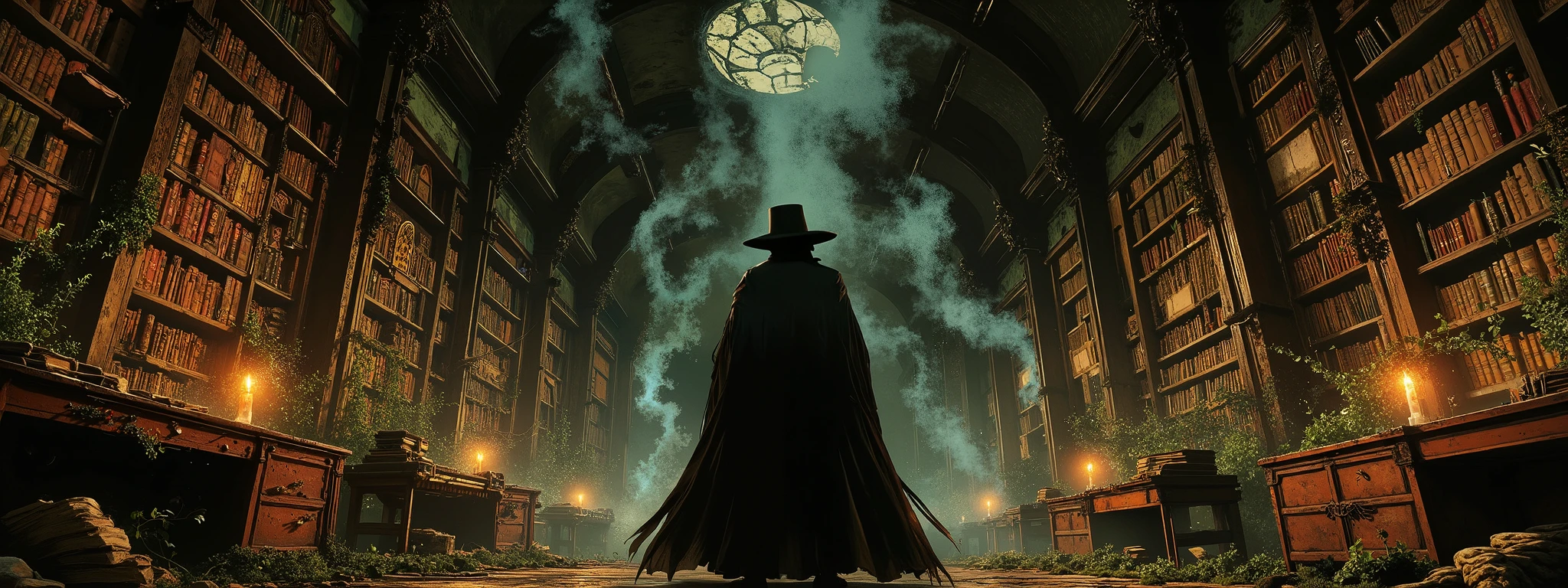V from V for Vendetta standing in a vast, ancient magical library. The space is dimly lit by flickering candlelight, casting long, wavering shadows across the room. The color palette is dominated by deep browns, mahogany, and muted earth tones of the towering bookshelves and weathered books, with faint hints of cool blue from scattered enchanted tomes or glowing runes. V stands in the foreground, his black cape and Guy Fawkes mask stark against the warm yet ominous glow of the candles. The library feels alive, with creeping vines, moss, and overgrown plants weaving through the shelves, adding a sense of decay and mystery. The air is thick with dust, and the faint sound of rustling pages or distant whispers lingers in the background. The atmosphere is dark, unsettling, and enigmatic, as if the library holds forbidden knowledge and secrets best left untouched. Close-up portrait, fedora hat.