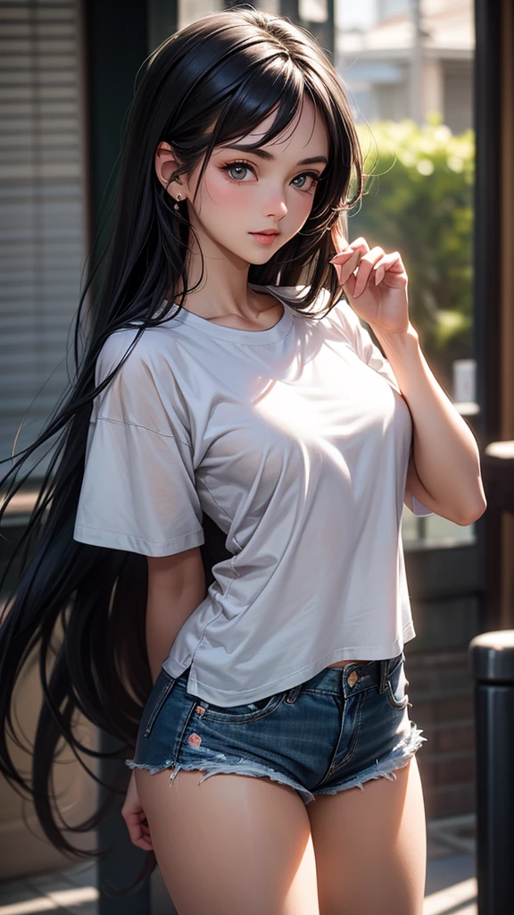 Optimal,masterpiece,High resolution,highest quality,(cowboy shot)、cute face,,black hair、long hair、twin tails、 ((scarlet eyes)),long eyelashes,drooping corners of the eyes,Are standing、thin legs、white skin,((Shoot from the front:1.5)), ((Wearing a tight white t-shirt:1.5)), ((tight yoga pants)). ((pointed nipples))、rocket tits , big breasts,