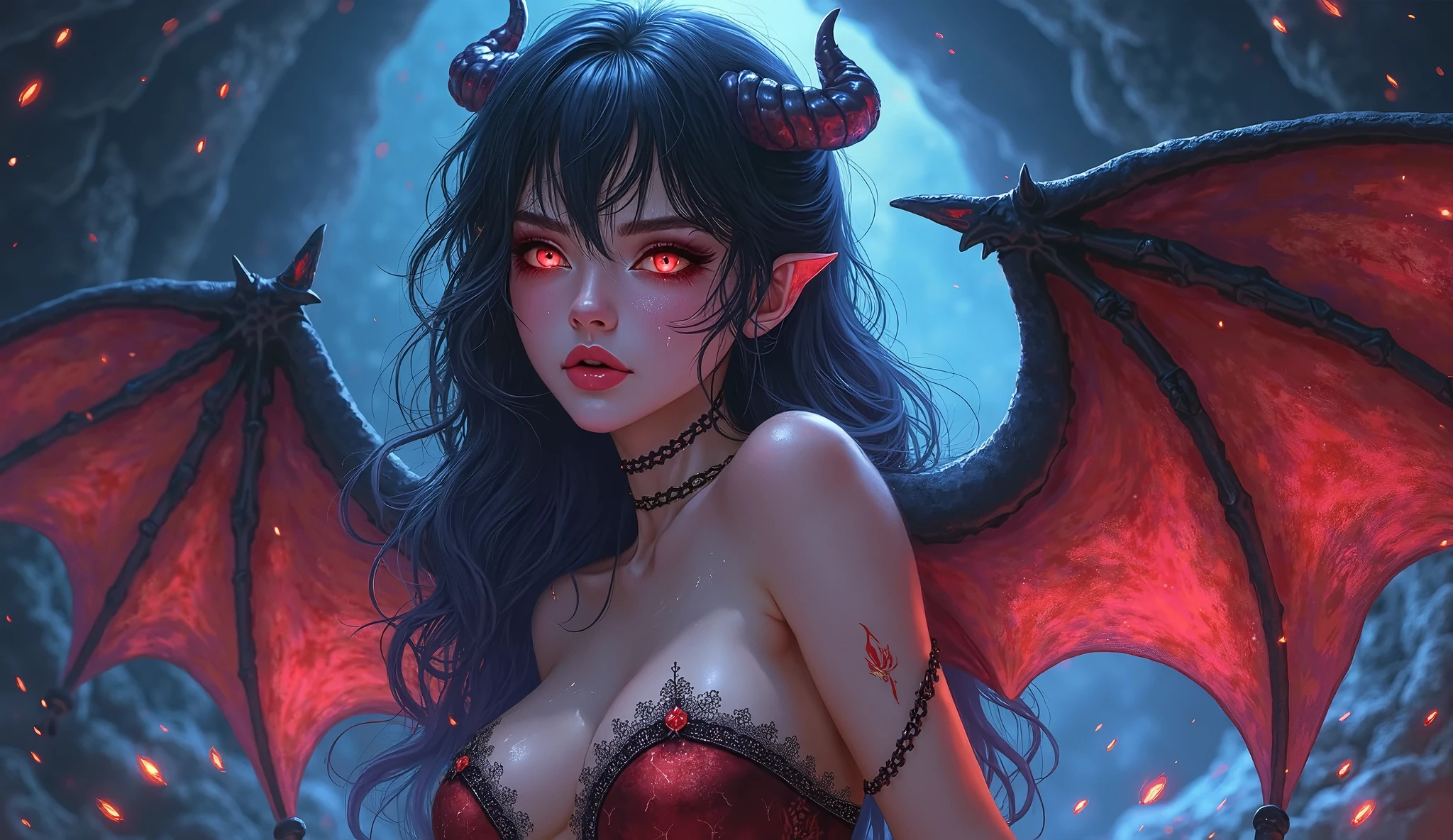 red eyes,(long black hair:1.2),long hair, face lighting, bright backlight, massive breasts, super high resolution, best quality,Photos,4k,(Realistic:1.2),longnv,1girl,fantasy,dragon-inspired character, piercing gaze,(dragon horns:1.3),(dragon wings:1.5),long flowing hair, captivating eyes,