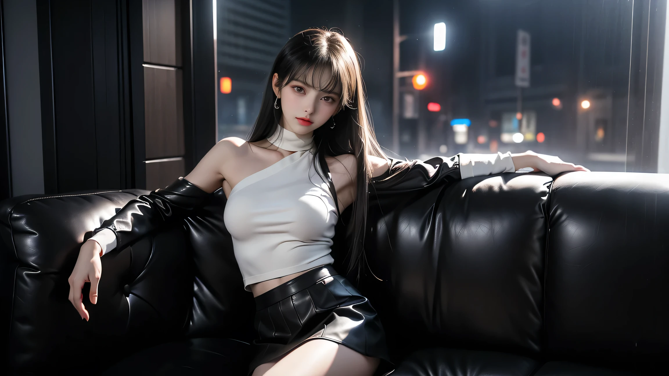 masterpiece, best quality, Very detailed, black hair, long hair, Asymmetrical hairstyle, Hair behind the ears, Big breasts, Thick thighs, Slim waist, Perfect body, Blushing, Hanging eye corners, seductive smile, A seductive expression, Neat white long sleeve shirt, black tie, Black pleated skirt, Black stockings, silver earrings, black neck ring, classroom background, Sitting at the table, Put your hands between your thighs, Seven-doppelganger shot, Focal length 100mm, sexly_attire