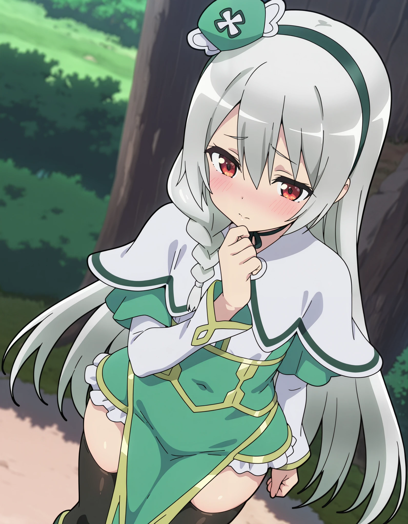 masterpiece, best quality, amazing quality, anime coloring, 1girl, solo, (maidena_angers, very long hair, grey hair, red eyes, hair between eyes, bangs, flat chest), (green dress, capelet, long sleeves, pelvic curtain, frilled skirt, thighhighs, black thighhighs, chin strap, hat, green footwear, green hairband, single braid), shy look, blush, hand on lips, outdoors