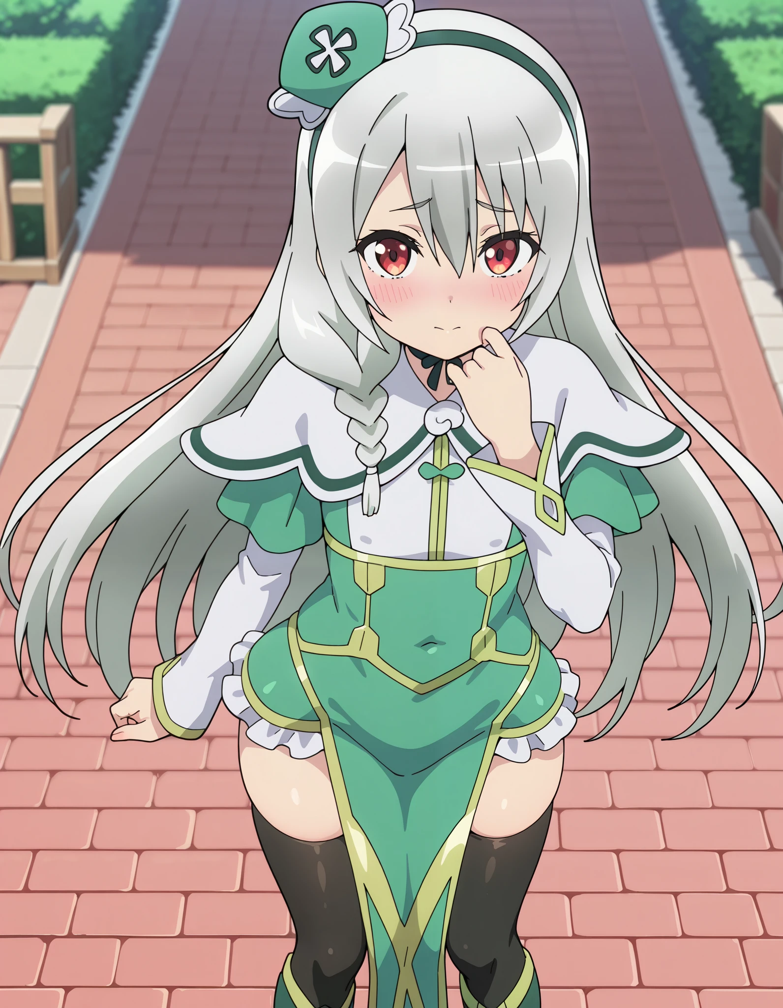 masterpiece, best quality, amazing quality, anime coloring, 1girl, solo, (maidena_angers, very long hair, grey hair, red eyes, hair between eyes, bangs, flat chest), (green dress, capelet, long sleeves, pelvic curtain, frilled skirt, thighhighs, black thighhighs, chin strap, hat, green footwear, green hairband, single braid), shy look, blush, hand on lips, looking at viewer, outdoors