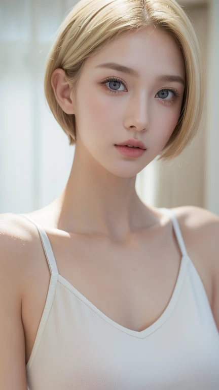 A blonde short haired sweeden girl, bob cut, bang, blue eyes, , pale skin, slender body, wearing a black bra, approaching the camera, feeling anxiety, crying, sweaty, Ultra high res, uhd, (photorealistic:1.4), coboy shot, doll-like face, in a dark room, candle, candlelight, dramatic lighting