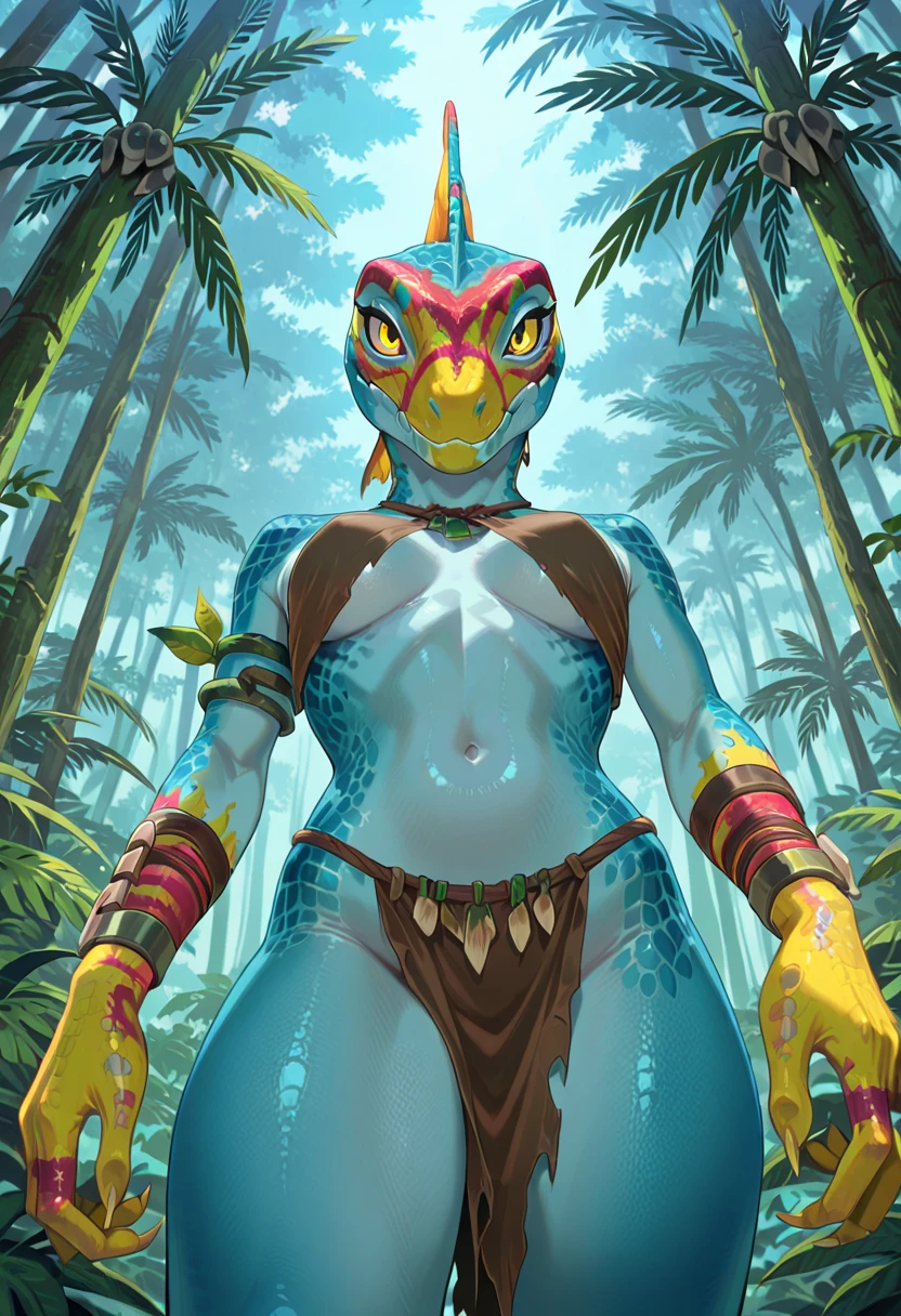 Sharp focus, ultra high quality, (overly detailed), hyper detailed, 4k, perfectly drawn, detailed eyes, perfectly drawn eyes, Solo, female, ((loli)), (viper:1.5), ((full of tribal jewelry,:1.7)), tight golden choker, ((large nose piercing)), ((tribal gold ornaments)), ornamented body, (curvy body:1.3), small breasts, wide hips, thick thighs standing, naked, arms behind back, irreverent smirk, By bebebebebe, by buta99, by chunie, by sonsasu, by danza, front vuew, full body view