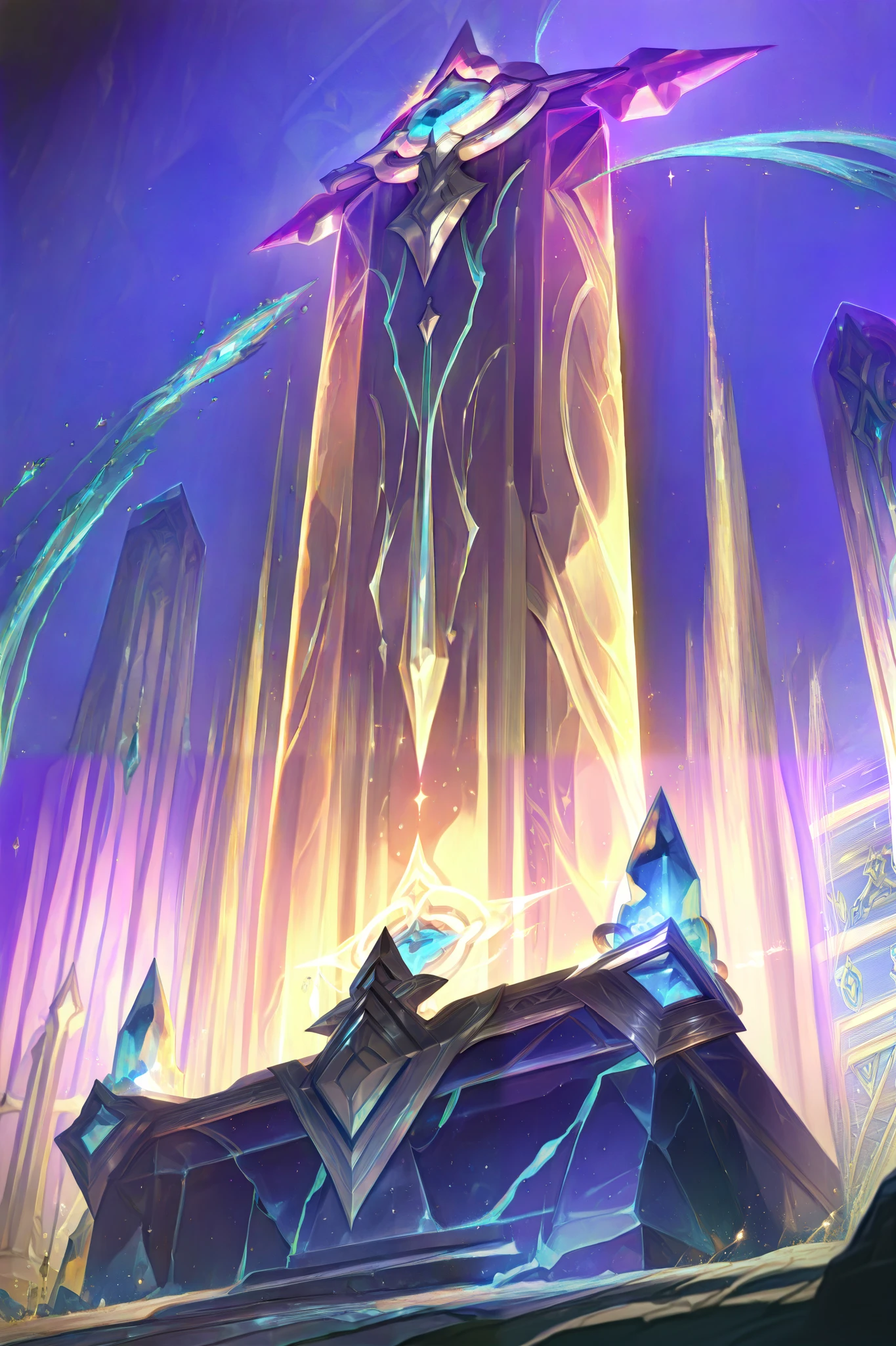 (highres, absurdres, masterpiece, best quality, amazing quality, spell card for TCG, radiant crystal ward forming hexagonal shield, glowing translucent blue crystals refracting light, shimmering prism effects, faint sparkling dust in the air, smooth stone altar backdrop, vibrant protective glow, dynamic crystalline structure, subtle cracks in the ground, Long Shot (LS))