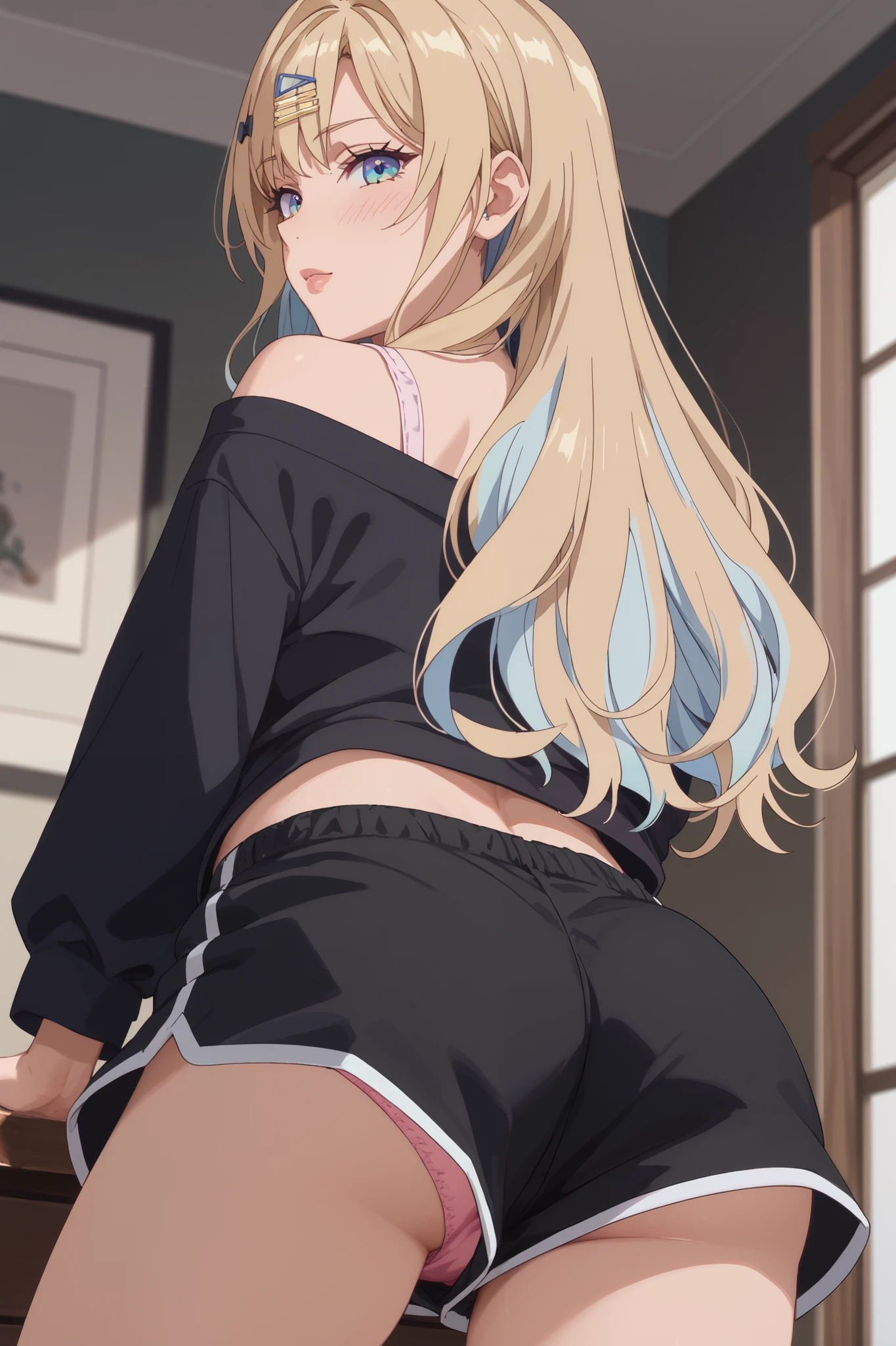 masterpiece , best quality, 1,luna shirakawa, upshorts, Look at the pink panties , with the back ,Very loose shorts showing some of the panties, black pajama shorts with white prints, looking at the viewer,Blonde hair with light blue highlights