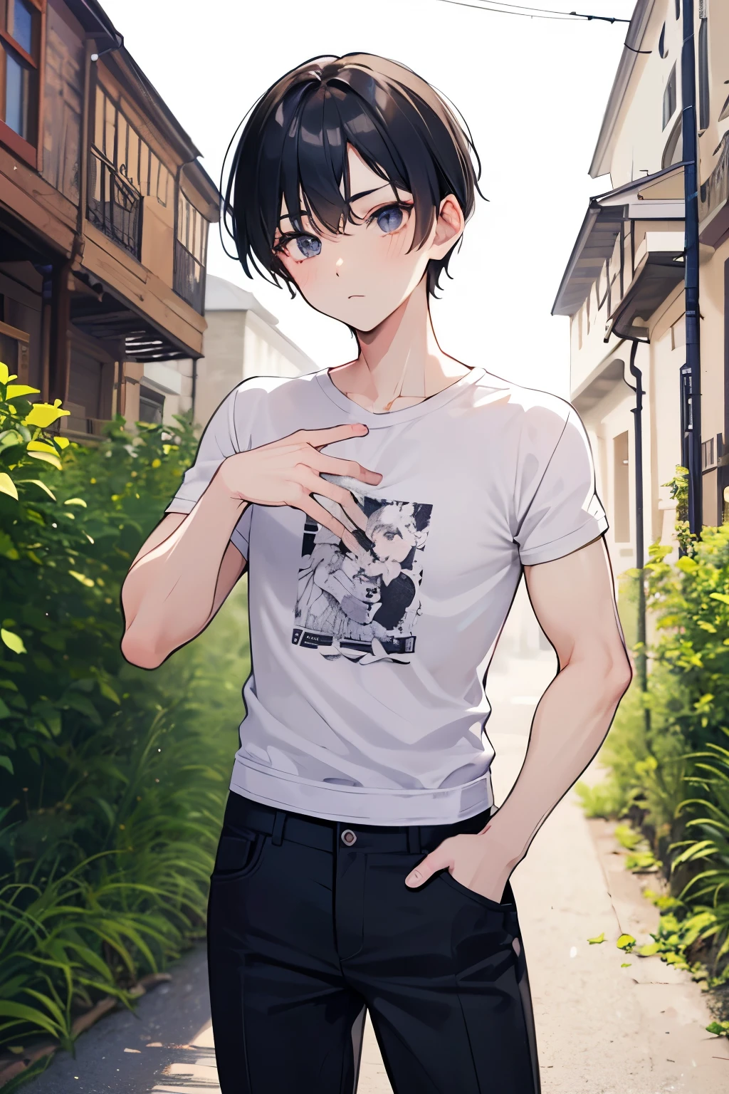 obra maestra, Mejor calidad, HDR, (animado), (illustration), dibujos animados, realistic epic, tihonov, 1 hombre, camiseta negra, camiseta sin mangas, (hombros abiertos:1.2), bosque, afuera, mirando al espectador, parte superior del cuerpo, monocromo,