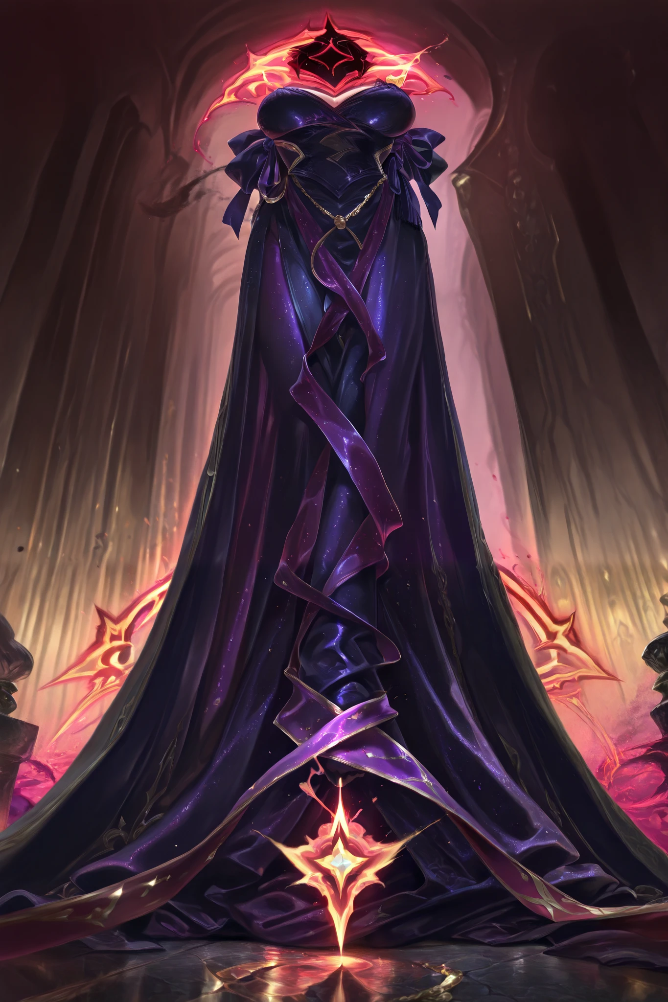 (highres, absurdres, masterpiece, best quality, amazing quality, spell card for TCG, luxurious velvet chains unfurling, deep purple satin ribbons twisting through the air, glowing ruby gems embedded along the strands, faint shimmering dust, dark gothic archway backdrop, vibrant enticing sheen, dynamic binding motion, Wide Shot (WS))