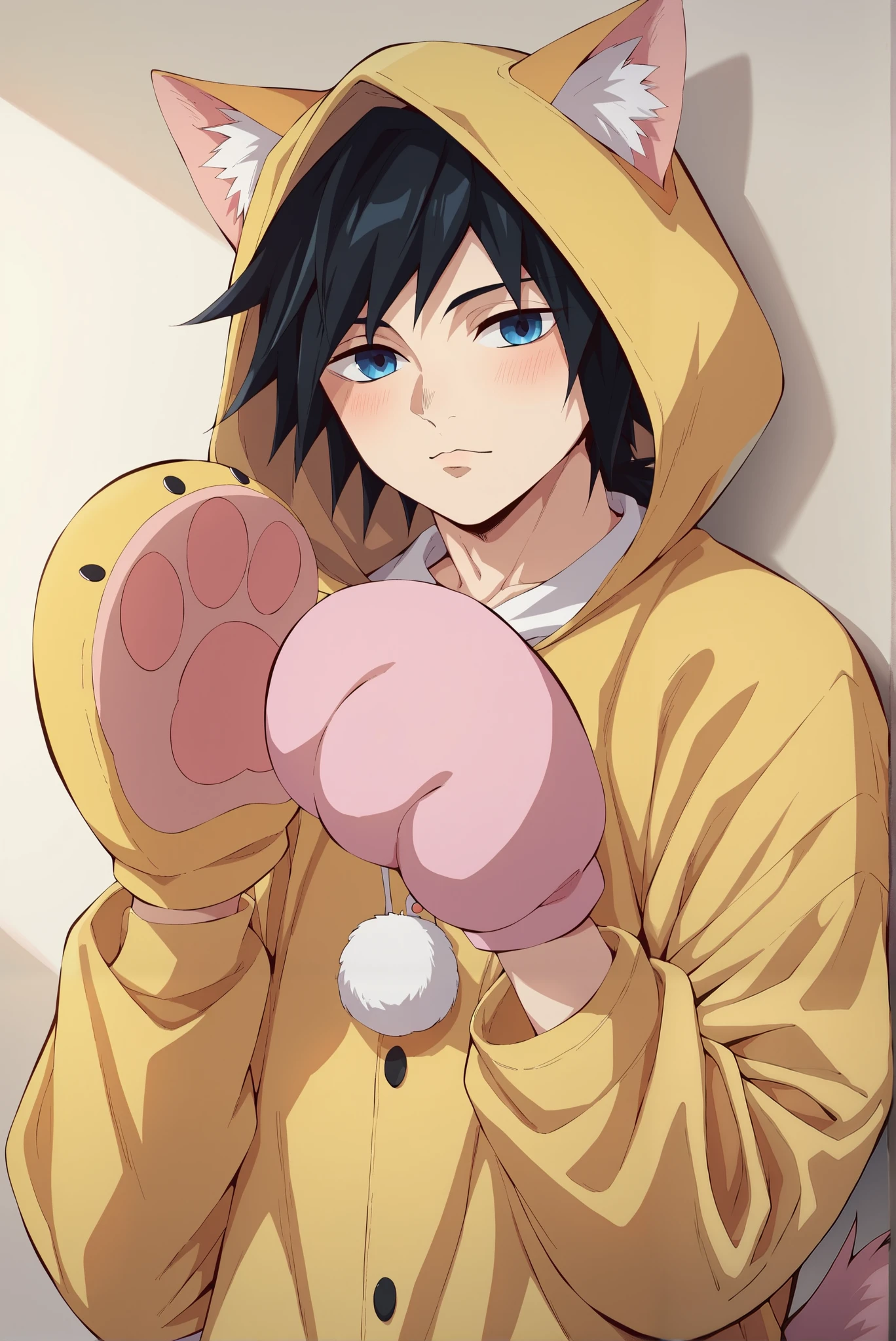 ((masterpiece)), ((best quality)), (8k), 1boy , 1Man, (Giyuu Tomioka), looking at viewer, wearing oversized kitten hoodie pajamas, fluffy bunny slippers, blushing cheeks, (fluffy faux fur texture:1.3), (pompom tail:1.2), hood with (realistic cat ears:1.4) and (embroidered whisker details), paw-shaped mittens, Cute posture, gentle ambient lighting, Anime boy, Anime style, bedroom background