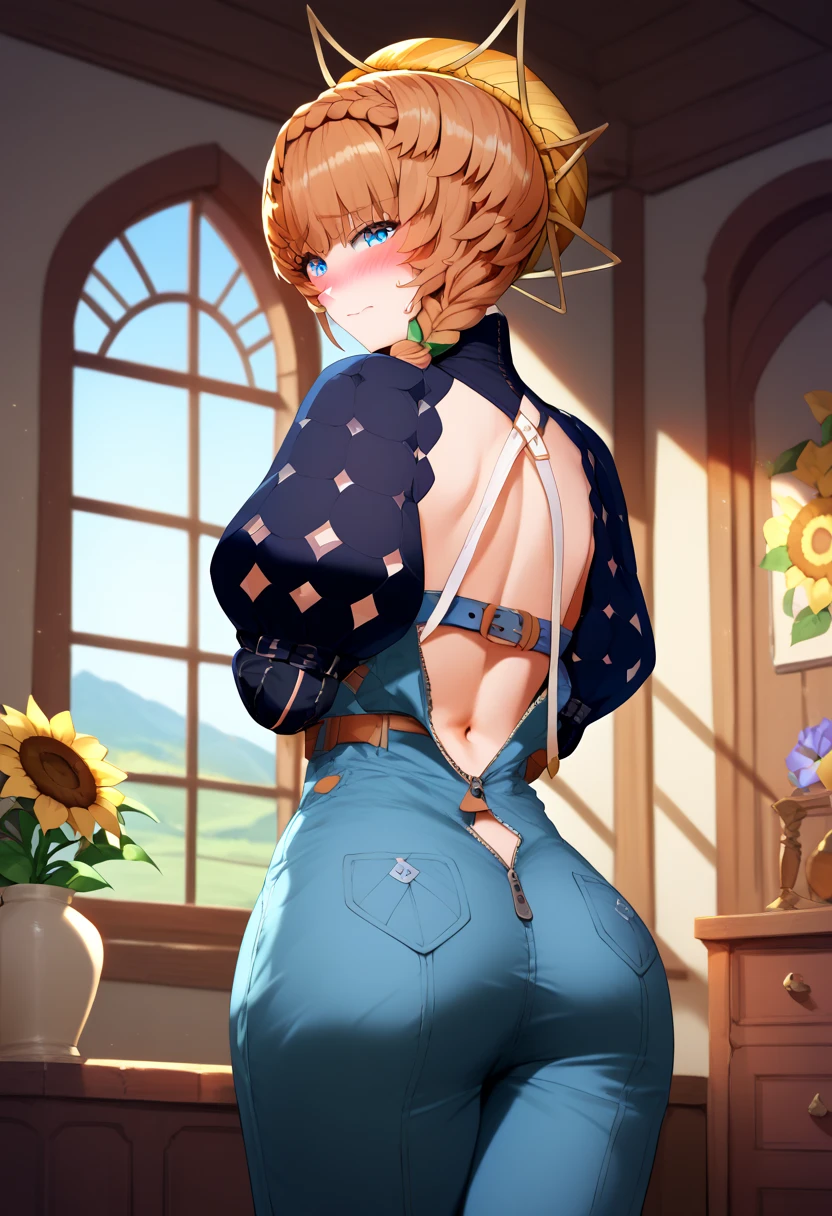 (ultra-detailed), (Ultra-high resolution), (8k), (HD), (High Quality), (Top quality), (High-Detailed), (Detailed CG), (Cinematic Shadow:1.0), (Beautiful Detailed Eyes), (Ultra Resolution), (Depth of Field), (High Resolution), (Masterpiece), (best quality), (amazing quality), (very aesthetic), (perfect eyes), (Anime Art style), dynamic angle, face focus, (cowboy shot), (day:1.4), (Medieval:1.4), (Atelier room:1.4), 1girl, solo, van gogh, blue eyes, braid, brown hair, crown braid, side braid, belt, black sleeves, blue overalls, buckle, clothing cutout, flower, navel, navel cutout, orange headwear, overalls, puffy sleeves, striped, striped headwear, sunflower, zipper pull tab, , beautiful , narrow waist, wide , (blush:1.6), (embarrassed:1.6), (standing), (looking back:1.4), (),