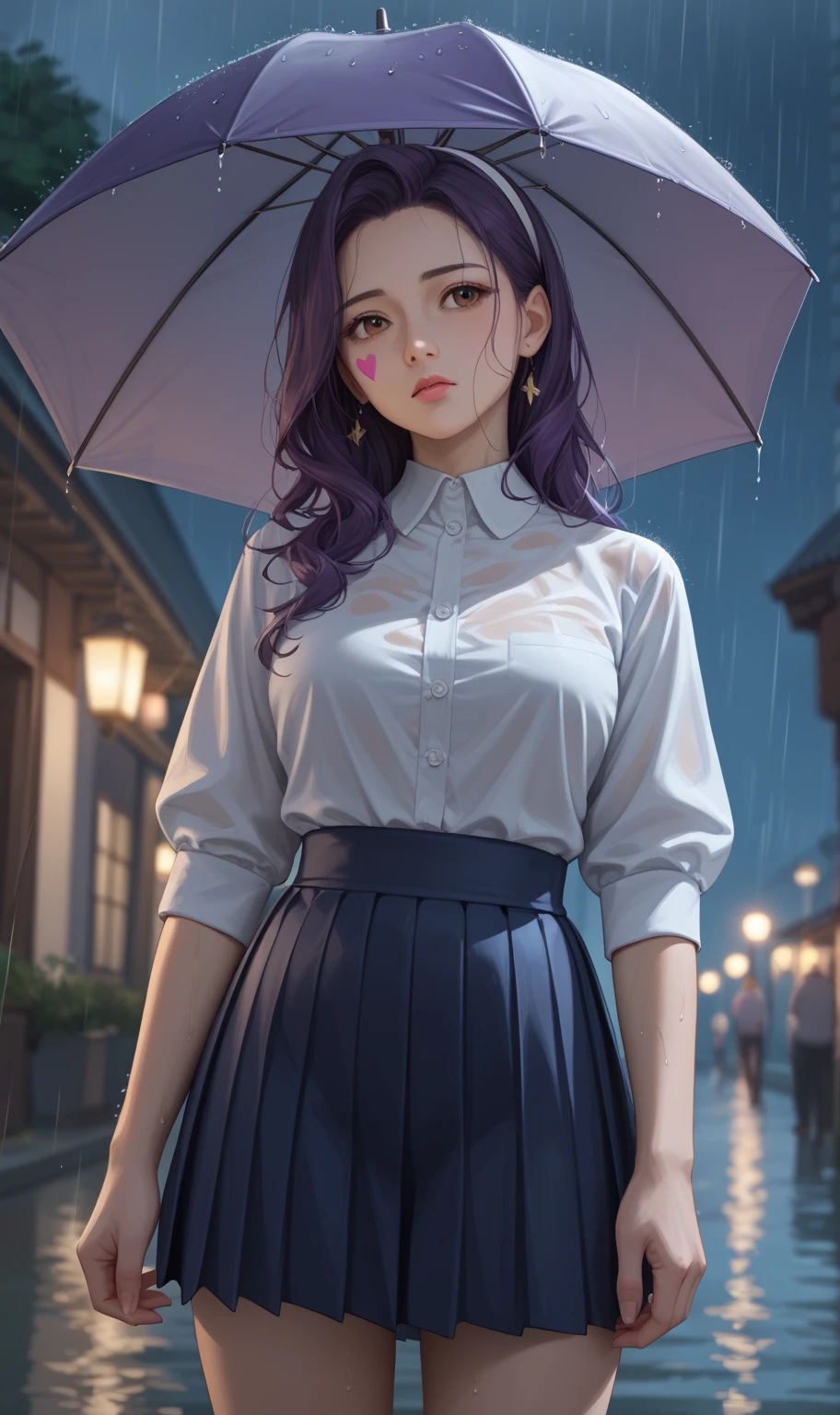 (8k, RAW photo, high sensitivity, best quality, masterpiece, ultra high resolution, fidelity: 1.25), 1 girl, single, 20 years old, blue eyes, big eyes, fashion, (collar shirt: 1.1), bow tie, pleated skirt, medium hair, bare shoulders, full body, (night), rain, walking, city lights,