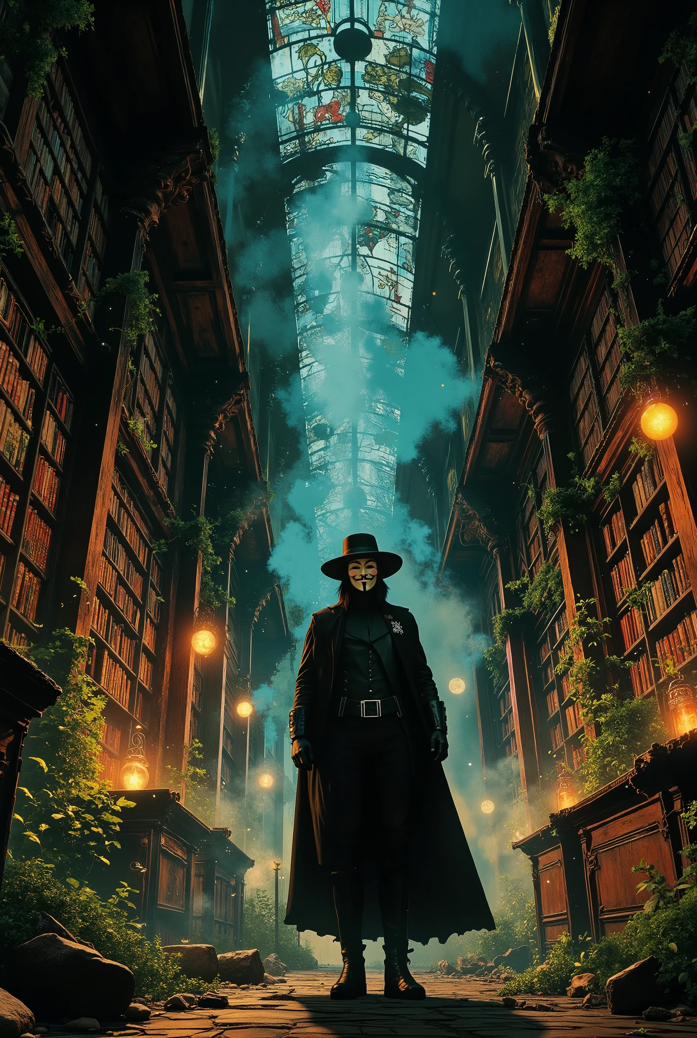 V from V for Vendetta standing in a vast, magical library. The library is an ancient, otherworldly space filled with towering bookshelves made of dark, rich wood, stretching endlessly into the shadows. The color palette is dominated by warm browns, deep mahogany, and earthy tones of the books and shelves, with subtle accents of soft blue light emanating from glowing orbs or enchanted books scattered throughout. V stands confidently in the foreground, his iconic black cape, Guy Fawkes mask and fedora hat contrasting against the warm, scholarly surroundings. The library is alive with lush greenery—vines, ferns, and moss creeping along the shelves and walls, blending nature with knowledge. Dust particles float in the air, illuminated by beams of light filtering through stained glass windows. The atmosphere is mystical, serene, and filled with a sense of hidden power, as if the library itself holds the secrets of the universe.
