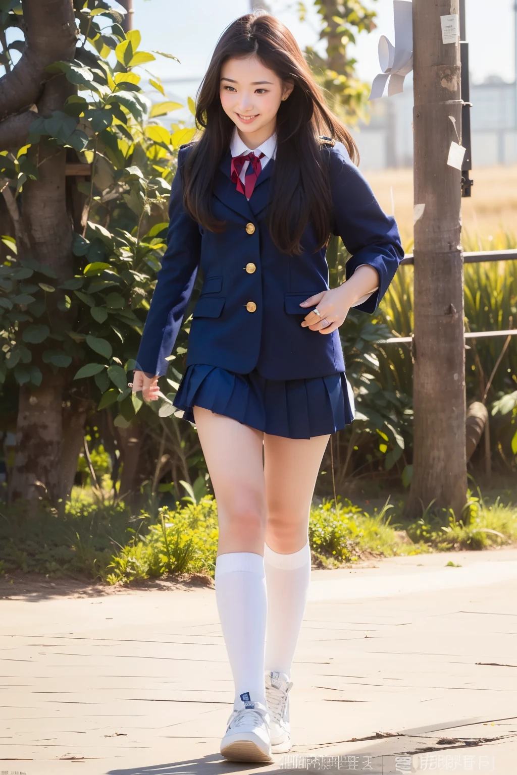 An empty town、Japanese high school girls in miniskirt uniforms、Long black hair、Cute Face、Full body portrait、Smiling