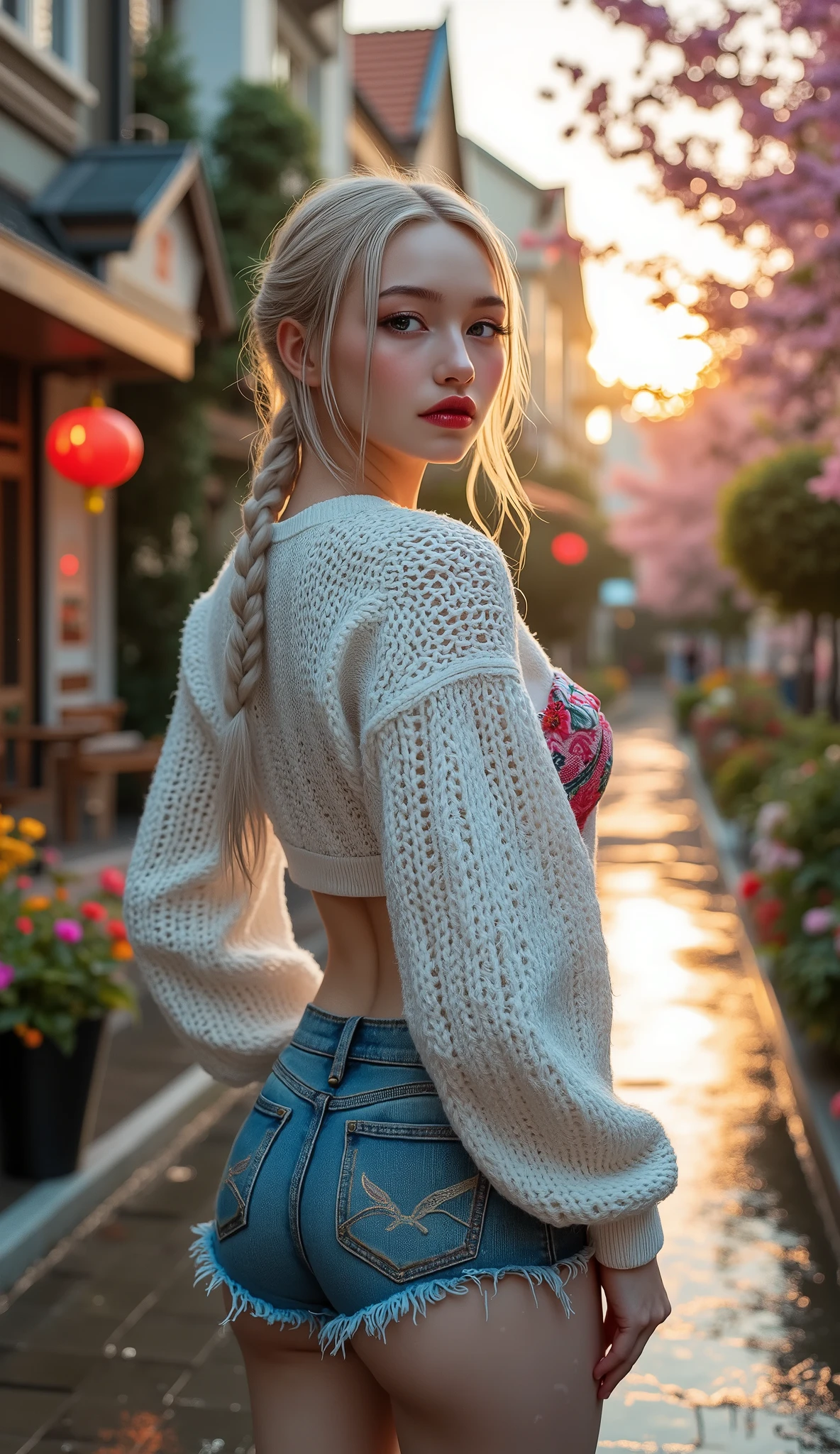 Arafed woman in a white sweater and denim shorts standing on a street ...