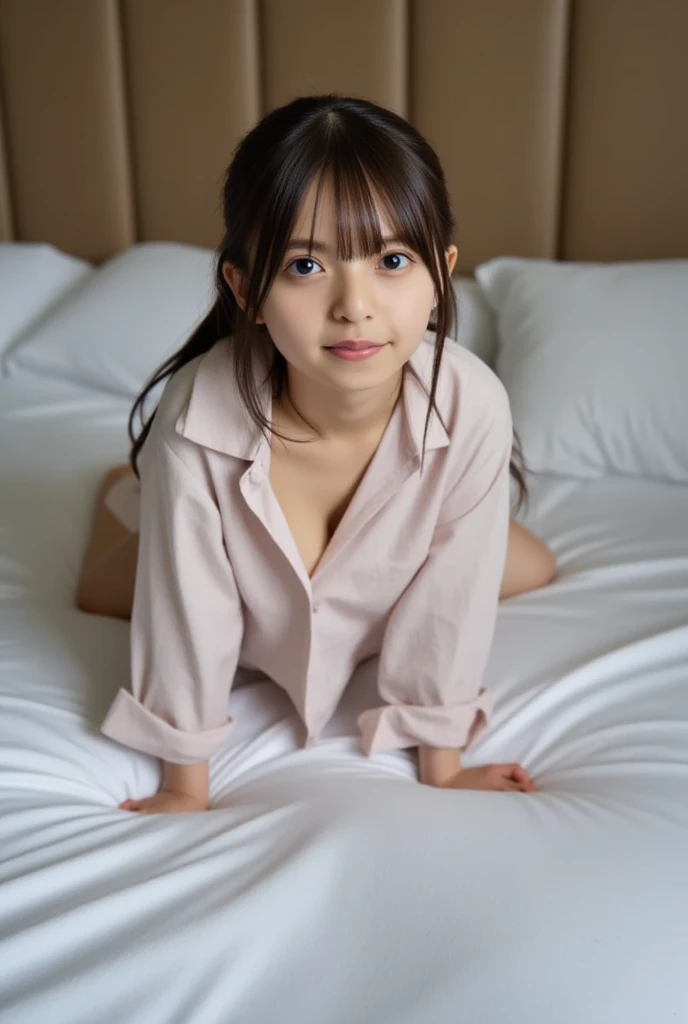 (8K, Raw photography, best quality, masterpiece, realisitic, photo-realsitic:1.6), clear, professional lighting, ultra high res,ultra detailed, 1 japanese married woman, 30-years-old, Balanced build, Curvy Body, (tiny Height:1.7), (Blunt Bangs:1.3), Brown hair, (Perm Hair:1.3), medium breast, (round face:1.6), ultra-detailed face, (no-makeup look:1.5), Beautiful detailed skin, Skin Texture, (leaning forward:1.3), (hands on knees:1.3), (cowgirl position, open legs on bed:1.4), in livingroom, from above, (gentle smile:1.3), embarrassed, blush, (Striped shirt:1.3), 