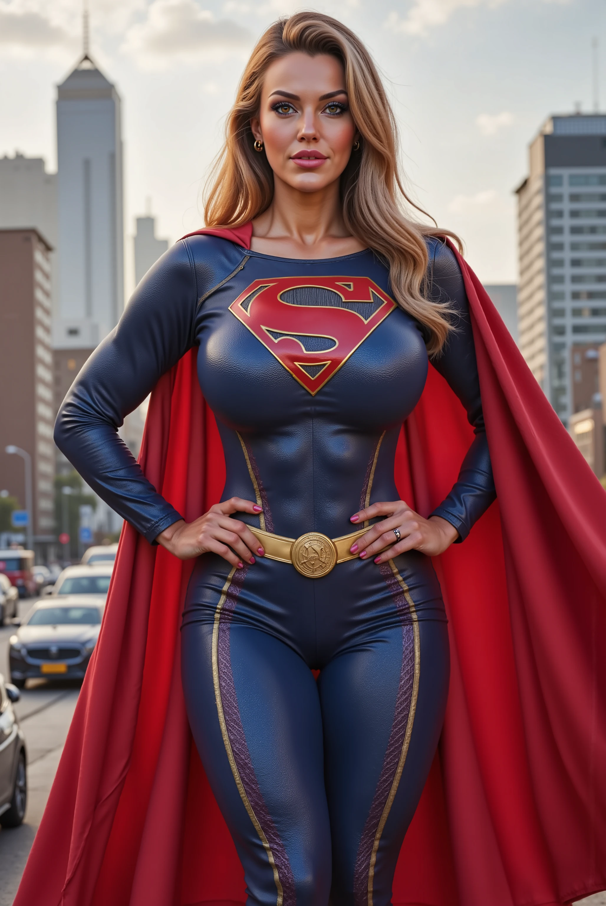 Full body portrait of A 28 years blond woman AS SUPERGIRL WEARING A SEXY SUPERMAN SUIT AND CAPE, IN A city, from a distance