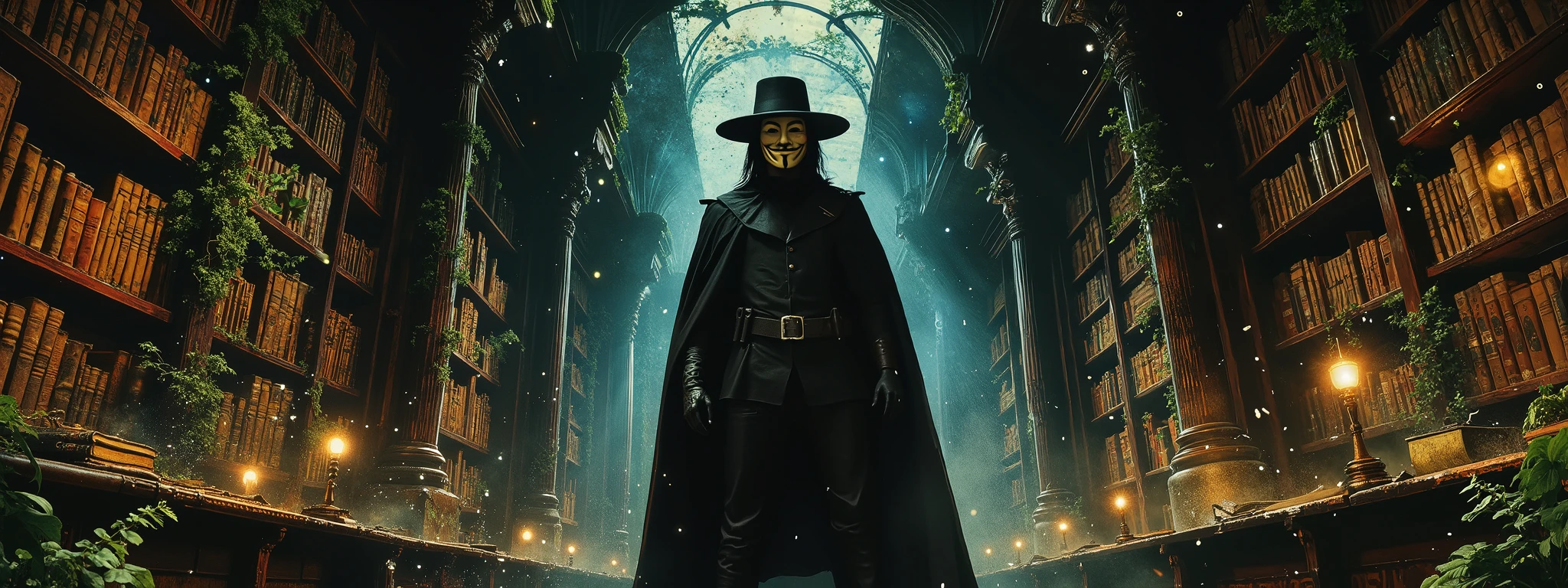 V from V for Vendetta standing in a vast, magical library. The library is an ancient, otherworldly space filled with towering bookshelves made of dark, rich wood, stretching endlessly into the shadows. The color palette is dominated by warm browns, deep mahogany, and earthy tones of the books and shelves, with subtle accents of soft blue light emanating from glowing orbs or enchanted books scattered throughout. V stands confidently in the foreground, his iconic black cape, Guy Fawkes mask and fedora hat contrasting against the warm, scholarly surroundings. The library is alive with lush greenery—vines, ferns, and moss creeping along the shelves and walls, blending nature with knowledge. Dust particles float in the air, illuminated by beams of light filtering through stained glass windows. The atmosphere is mystical, serene, and filled with a sense of hidden power, as if the library itself holds the secrets of the universe.