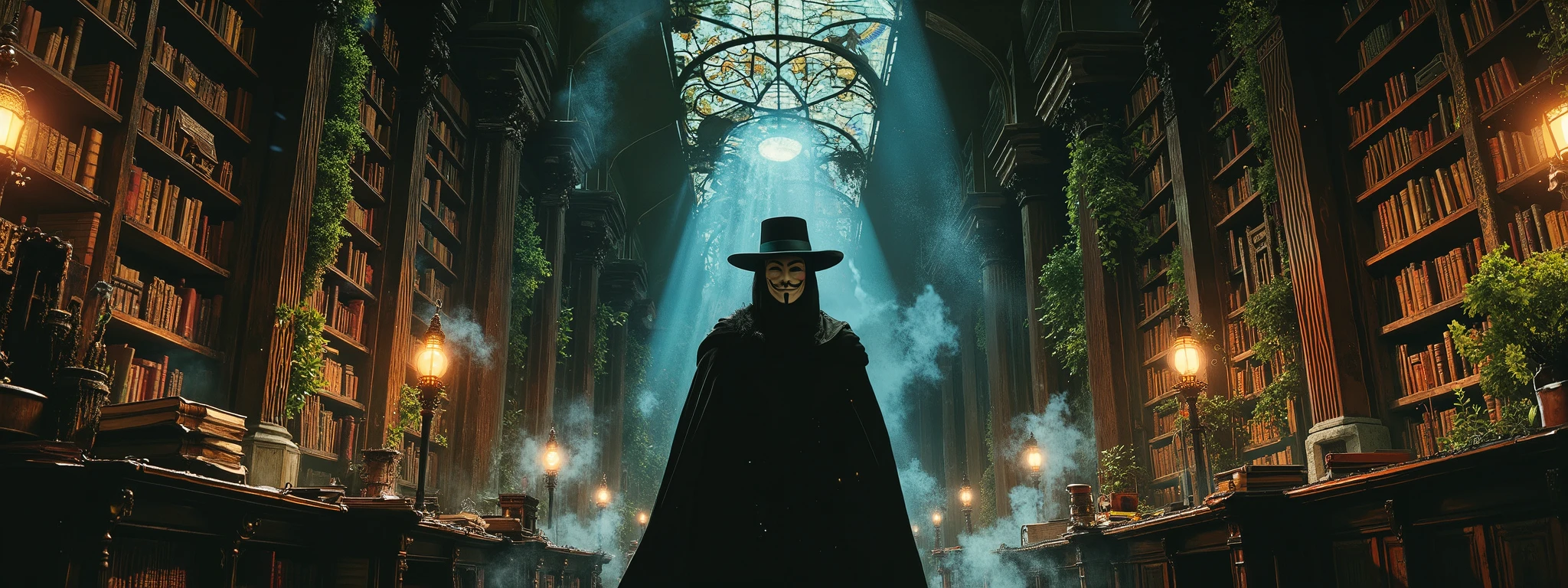 V from V for Vendetta standing in a vast, magical library. The library is an ancient, otherworldly space filled with towering bookshelves made of dark, rich wood, stretching endlessly into the shadows. The color palette is dominated by warm browns, deep mahogany, and earthy tones of the books and shelves, with subtle accents of soft blue light emanating from glowing orbs or enchanted books scattered throughout. V stands confidently in the foreground, his iconic black cape, Guy Fawkes mask and fedora hat contrasting against the warm, scholarly surroundings. The library is alive with lush greenery—vines, ferns, and moss creeping along the shelves and walls, blending nature with knowledge. Dust particles float in the air, illuminated by beams of light filtering through stained glass windows. The atmosphere is mystical, serene, and filled with a sense of hidden power, as if the library itself holds the secrets of the universe.